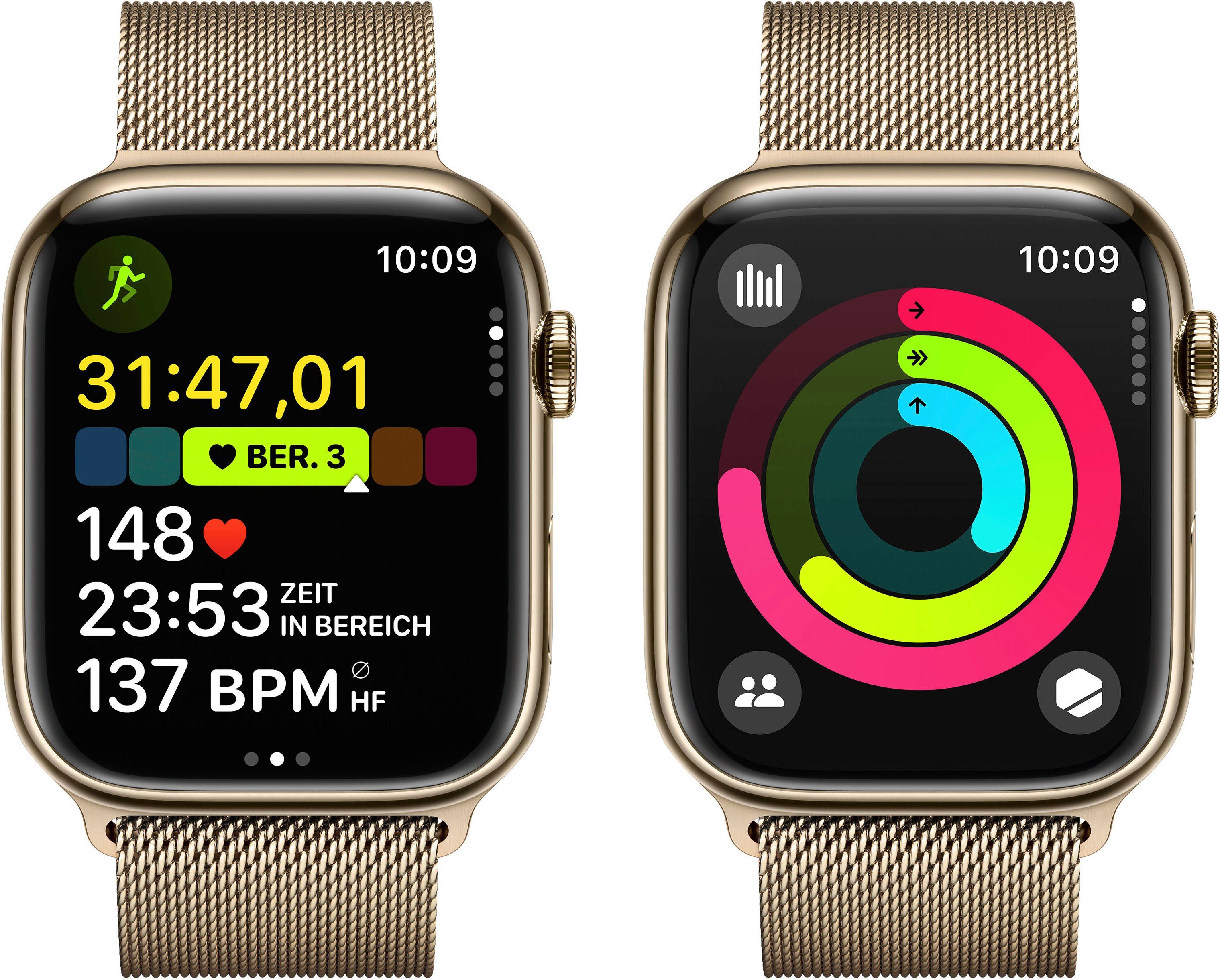 Apple Watch Series 9 GPS + Cellular Stainless Steel 45mm Smartwatch (4,5 cm/1,77 Zoll, Watch OS 10), Milanese Loop