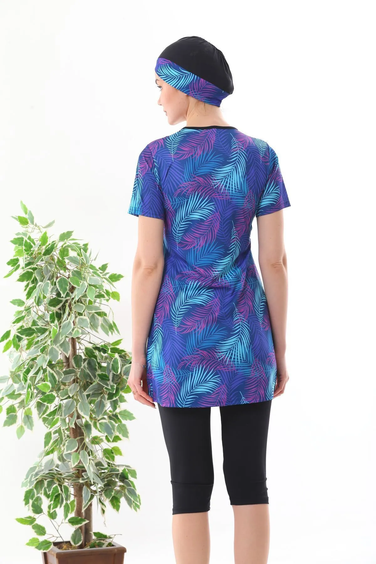 medipek  Blau gemusterter halbgeschlossener Lycra-Hijab-Badeanzug