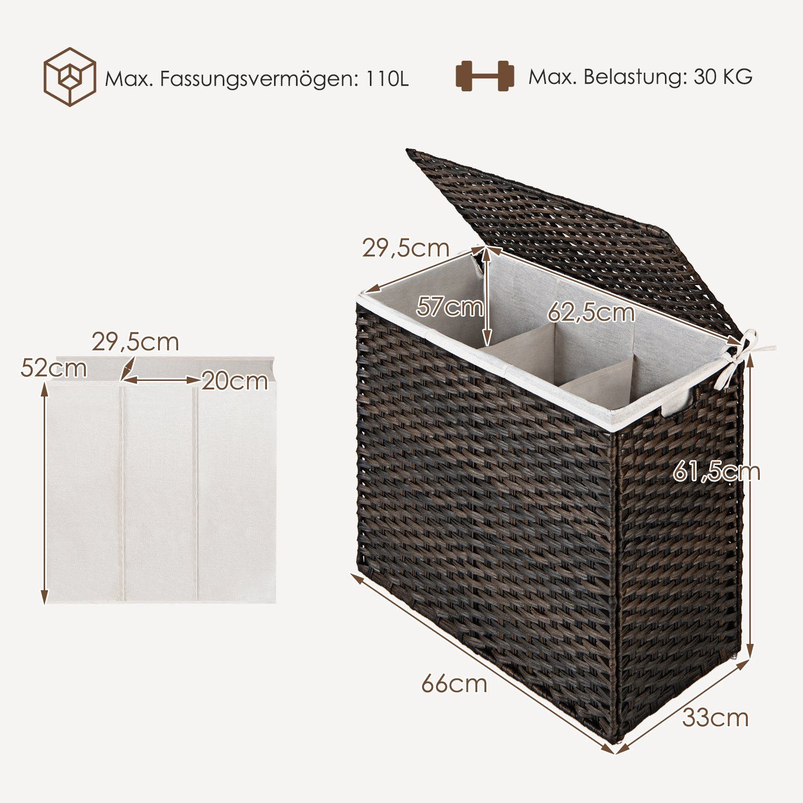 COSTWAY Wäschebox, mit Deckel, 3 Fächern, 110L, klappbar, Rattan
