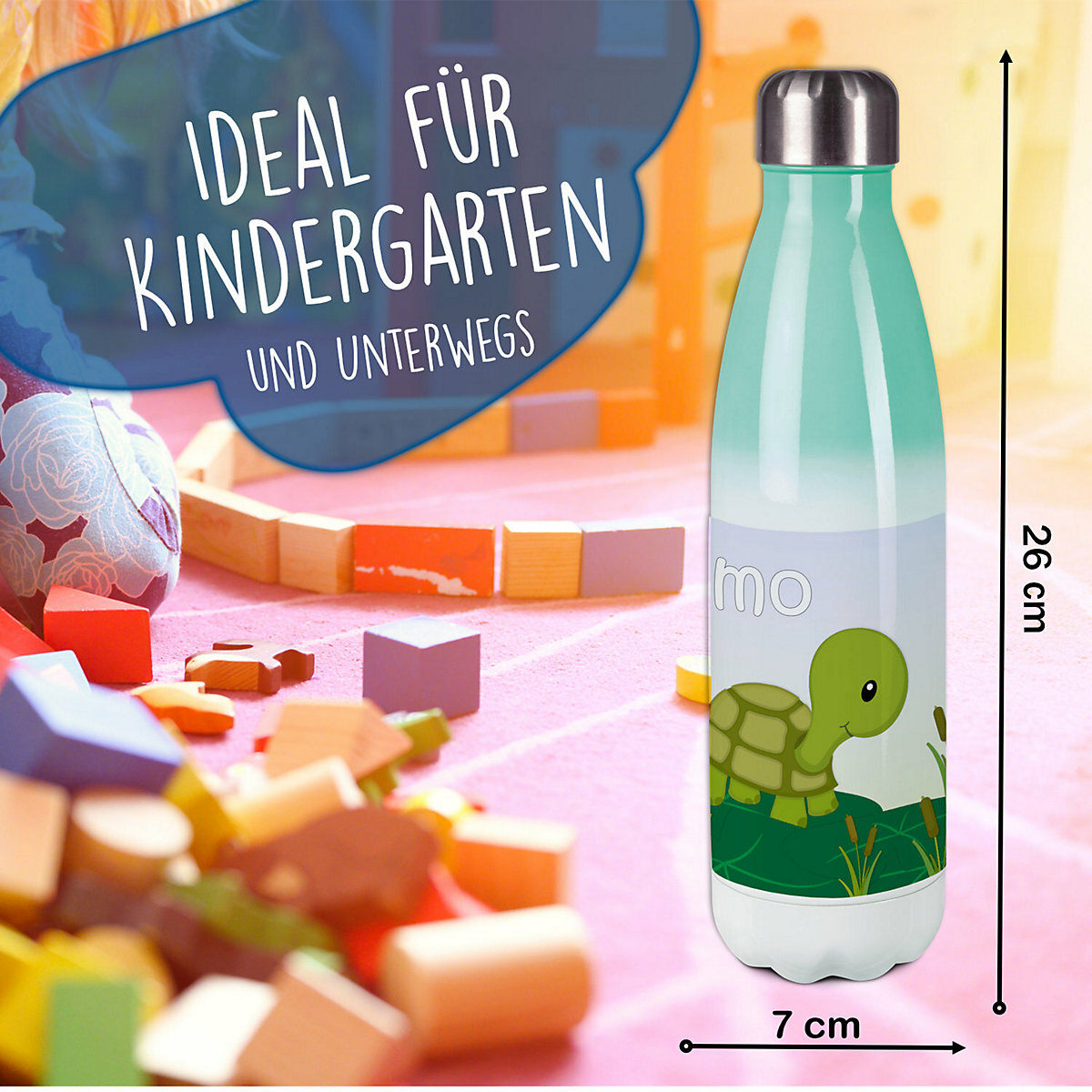 Edelstahl Kinder Thermoflasche / Trinkflasche bunt Schildkröte Spülmaschinenfest, Auslaufsicher, Bruchfest, Doppelwandig, Für Heißgetränke geeignet, Mit Deckel, Isoliert