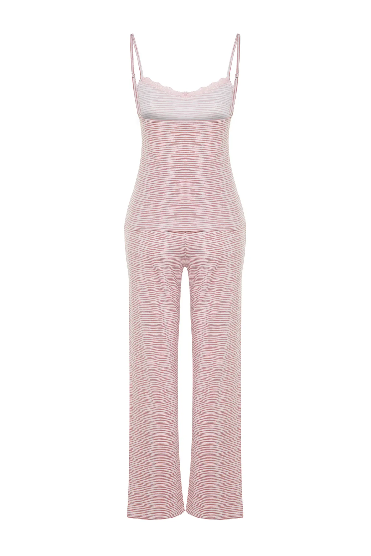 Trendyol Collection  Pyjama-Set aus gestreifter Baumwolle mit Spitzendetail und Seilträgern in Puderfarbe THMSS23PT00227