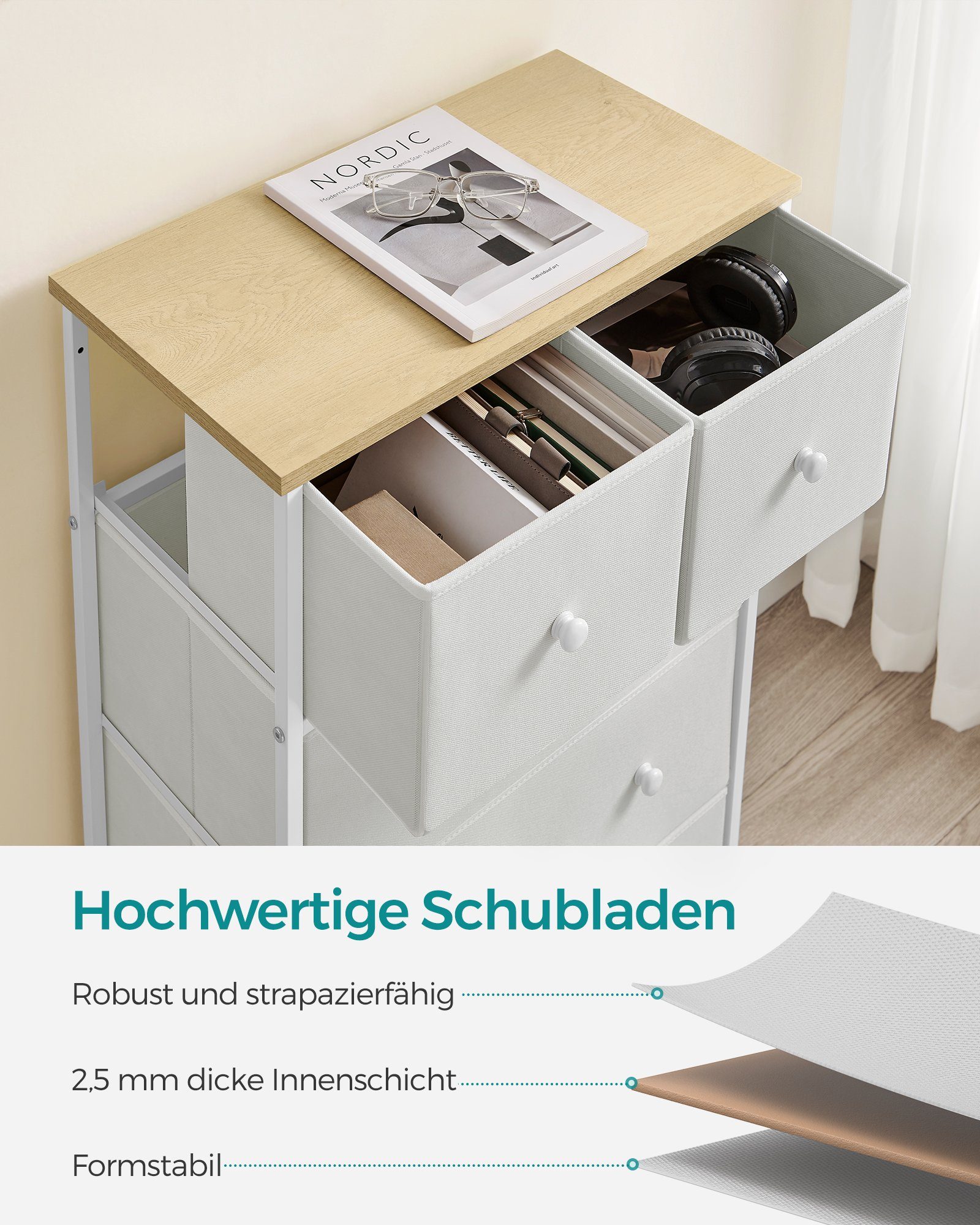 SONGMICS Kommode, Aufbewahrungsschrank mit 5 Stoffschubalden