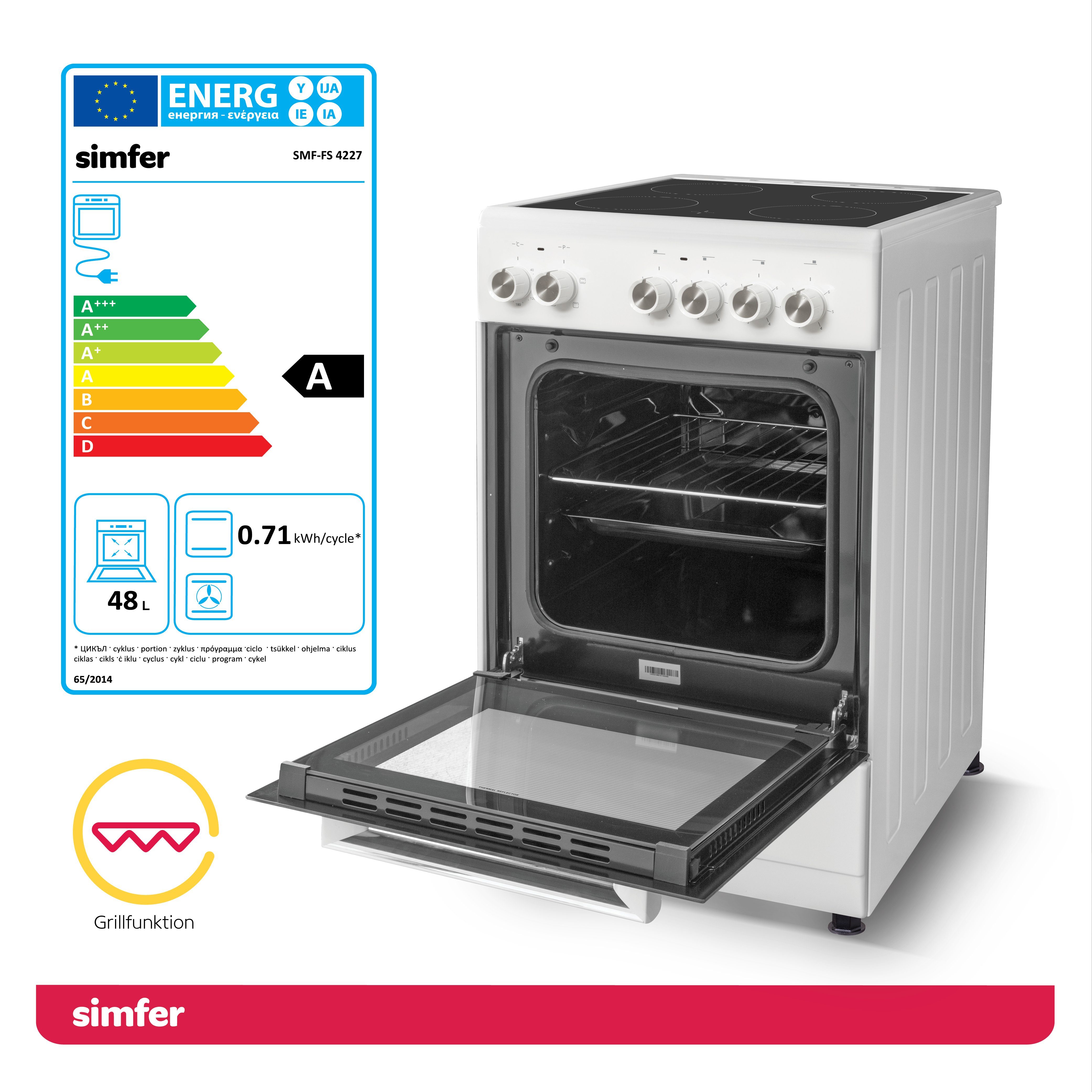 Simfer Elektro-Standherd SMF-FS 4227, 50 cm Herde, Glaskeramikkochfeld, 48 Liter, 4 Funktionen, mit Teleskopauszug nachrüstbar, Grillfunktion, Geschirrfach mit Deckel, Zweifach verglaste Backofentür