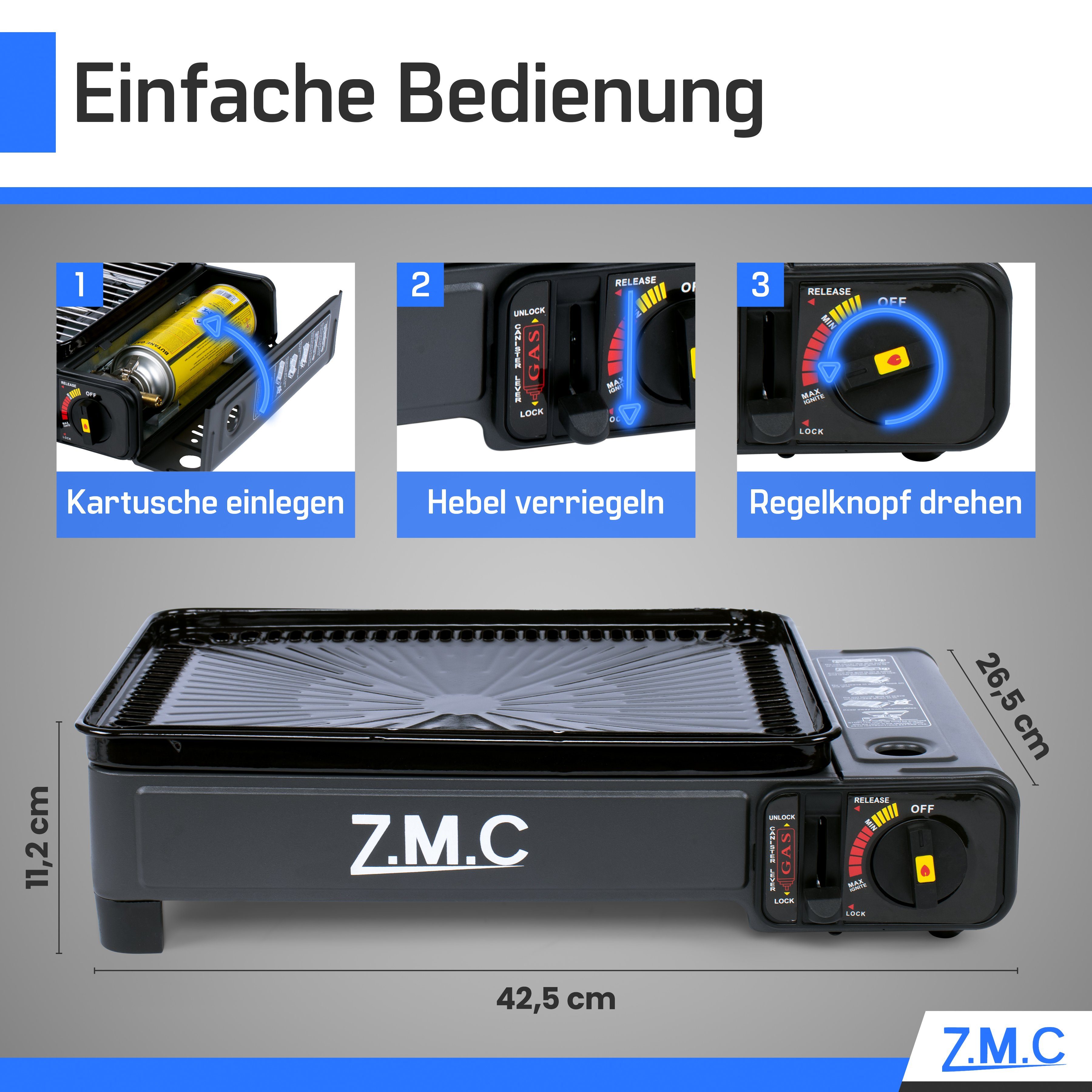 ZMC Gaskocher 2-in-1 Gaskocher inkl. Zubehör einflammiger Camping-Kocher, (mit Grillplatte + Grillrost, stufenlos regulierbar, Tischgrill), mit Tragekoffer, 3,8kg, Piezo-Zündung Wärmeleistung: 2,2KW