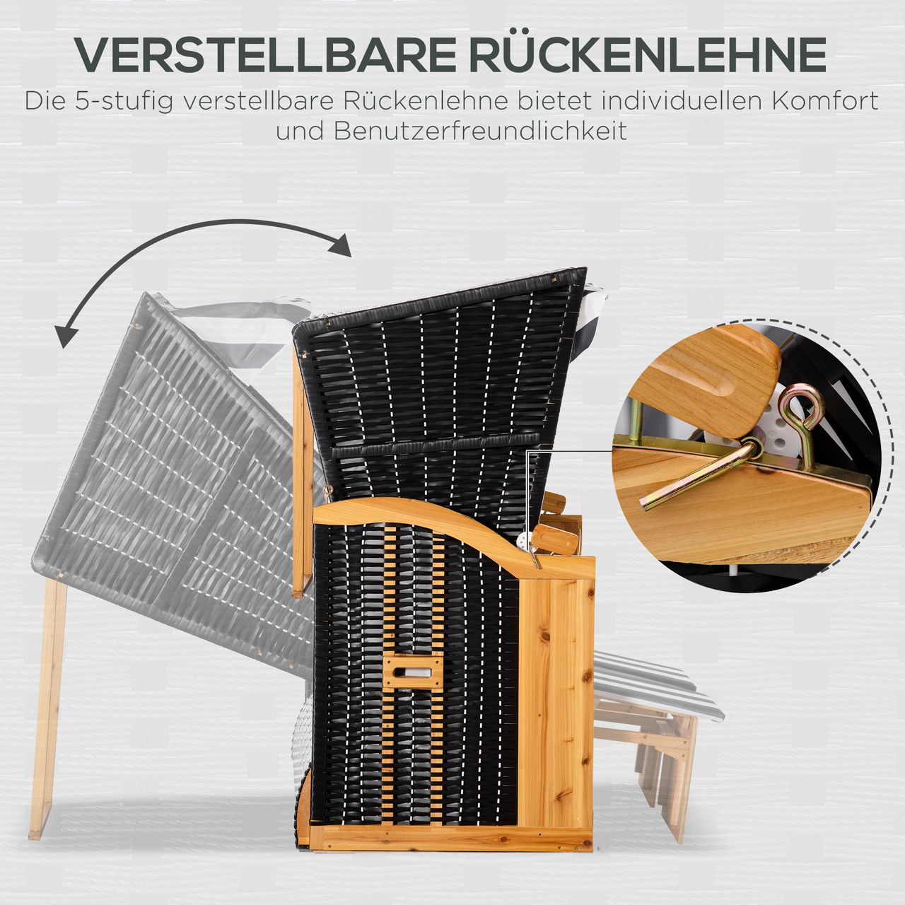 Outsunny Strandkorb Doppelte Sonnenliege mit Dach Doppelliege mit Getränkehaltern Chaiselongue 5-stufige Rückenlehne PE-Rattan Grau Weiß 118 x 79 x 150 cm