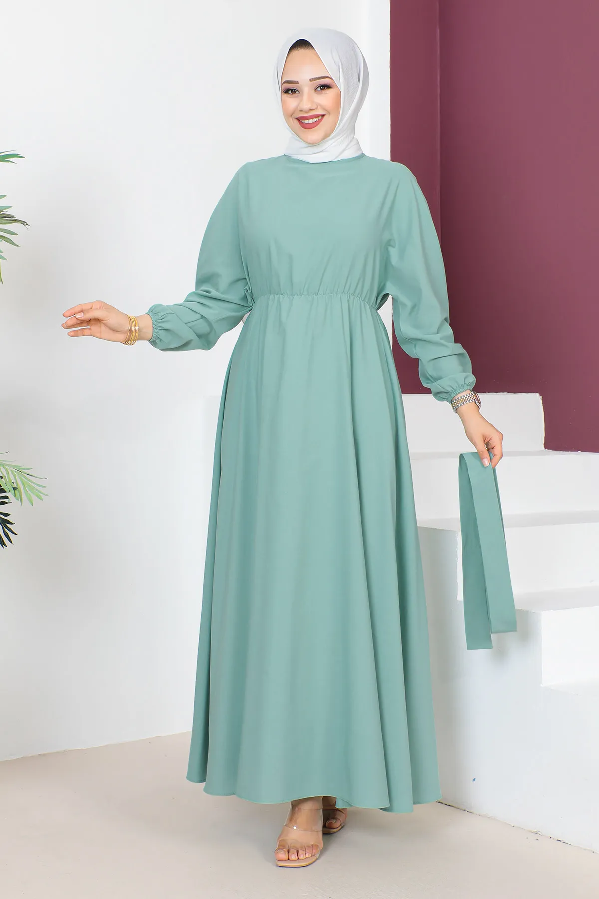 Tesettür Dünyası  Kleid mit Taillengürtel TSD230611 Mintgrün