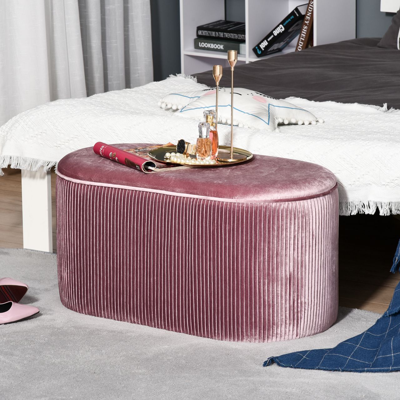 HOMCOM Sitzbank Polsterbank mit Stauraum Truhenbank für Wohnzimmer französische Stil Samt elegant Rosa 81 x 40 x 41 cm