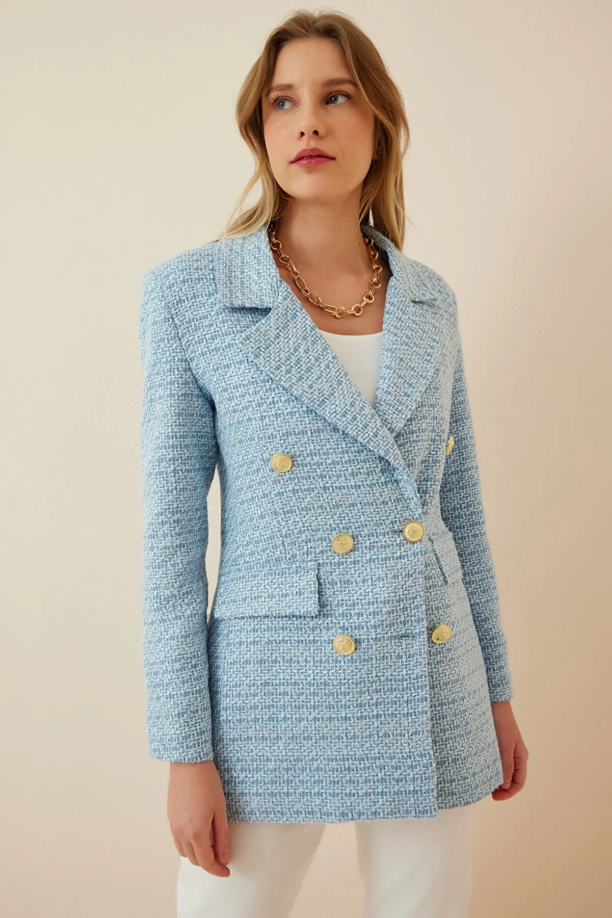 Happiness İstanbul  Himmelblaue Tweed-Blazerjacke mit Knöpfen für Damen WF00004
