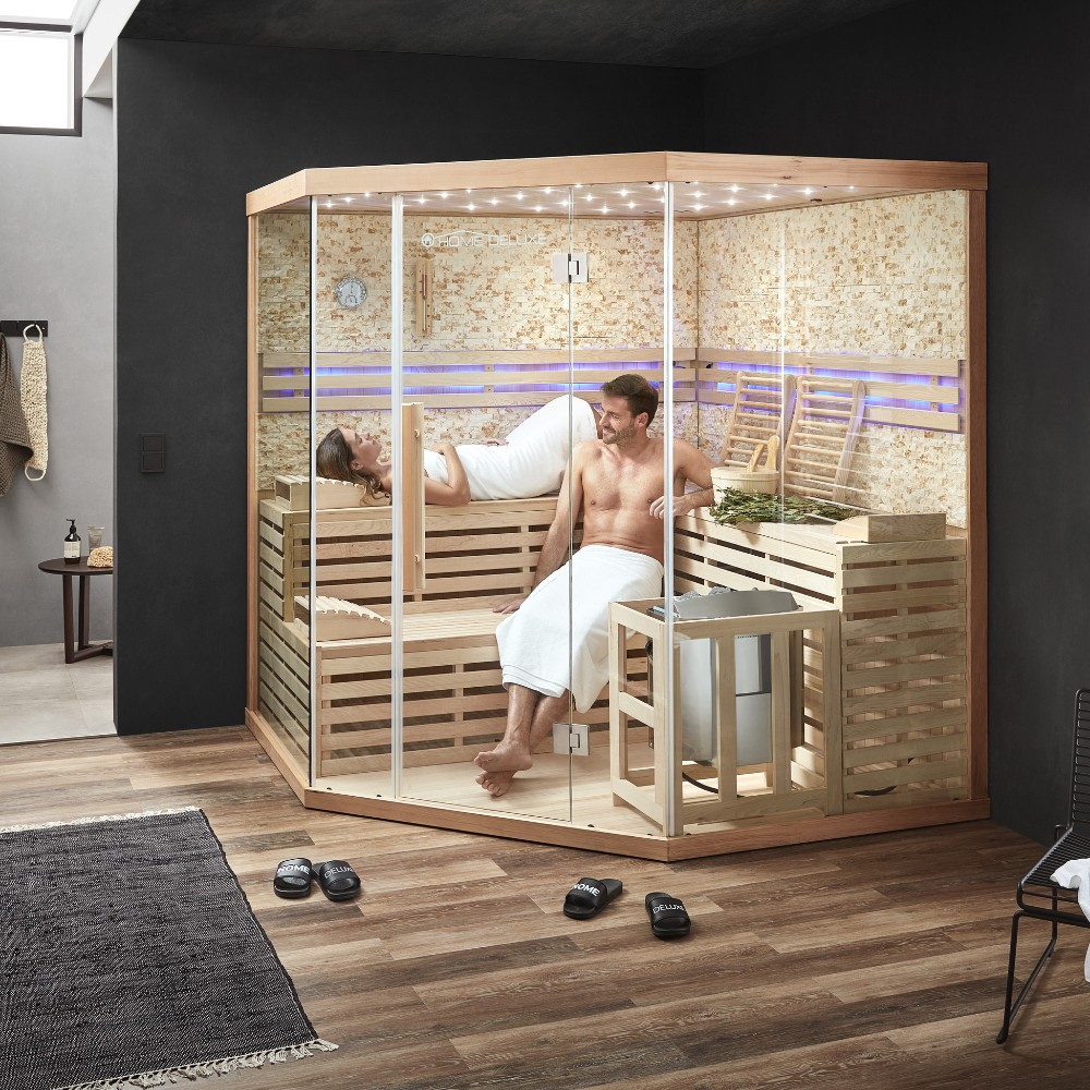 Home Deluxe Traditionelle Sauna SKYLINE XL BIG Kunststeinwand - 200 x 200 cm