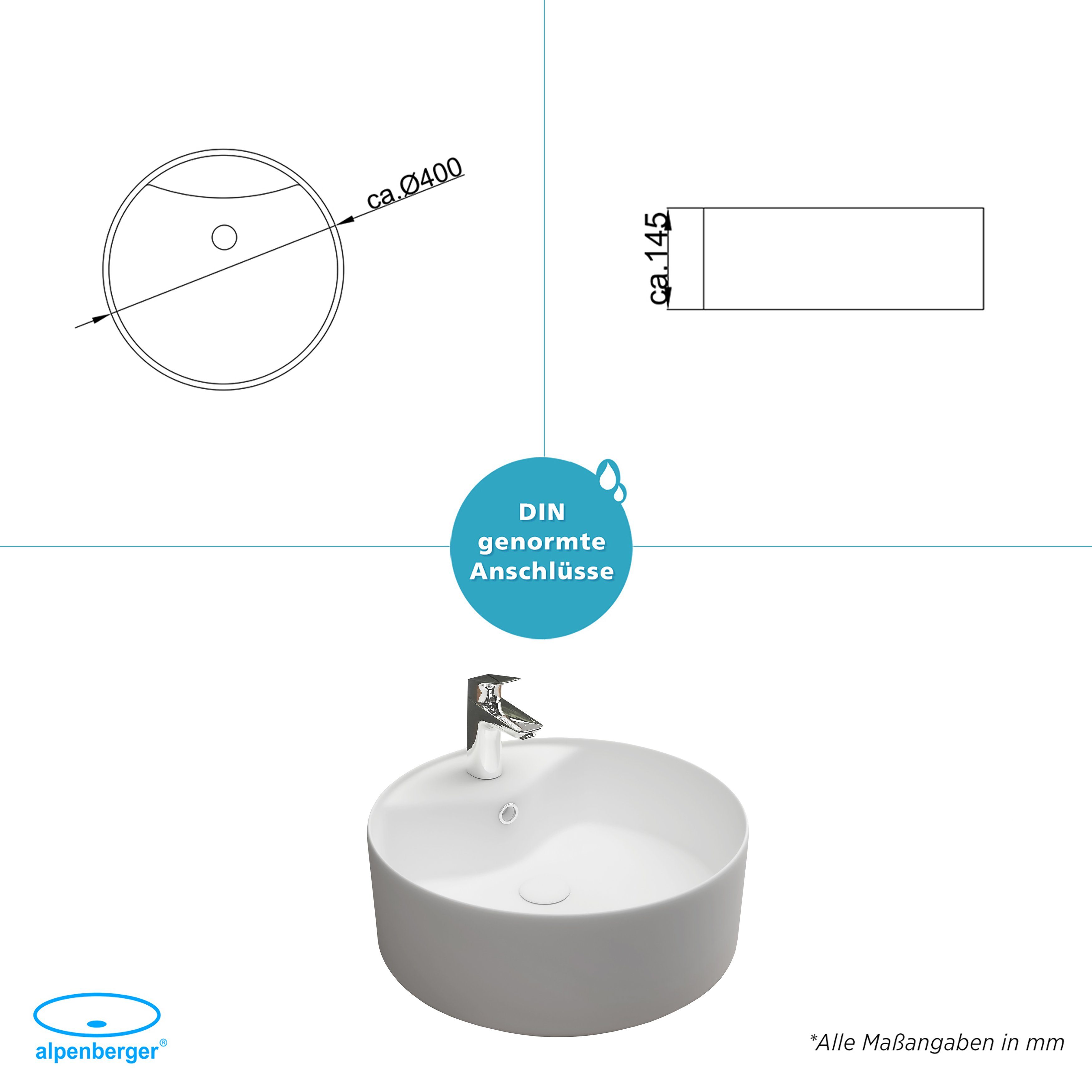 Alpenberger Aufsatzwaschbecken Klein - Waschbecken Rund 40 cm Ø - Keramik Waschschale mit Überlauf (1-tlg., 1-St., Handwaschbecken), Aufsetzbare Washbasin pflegeleicht & hygienisch mit Lotuseffekt