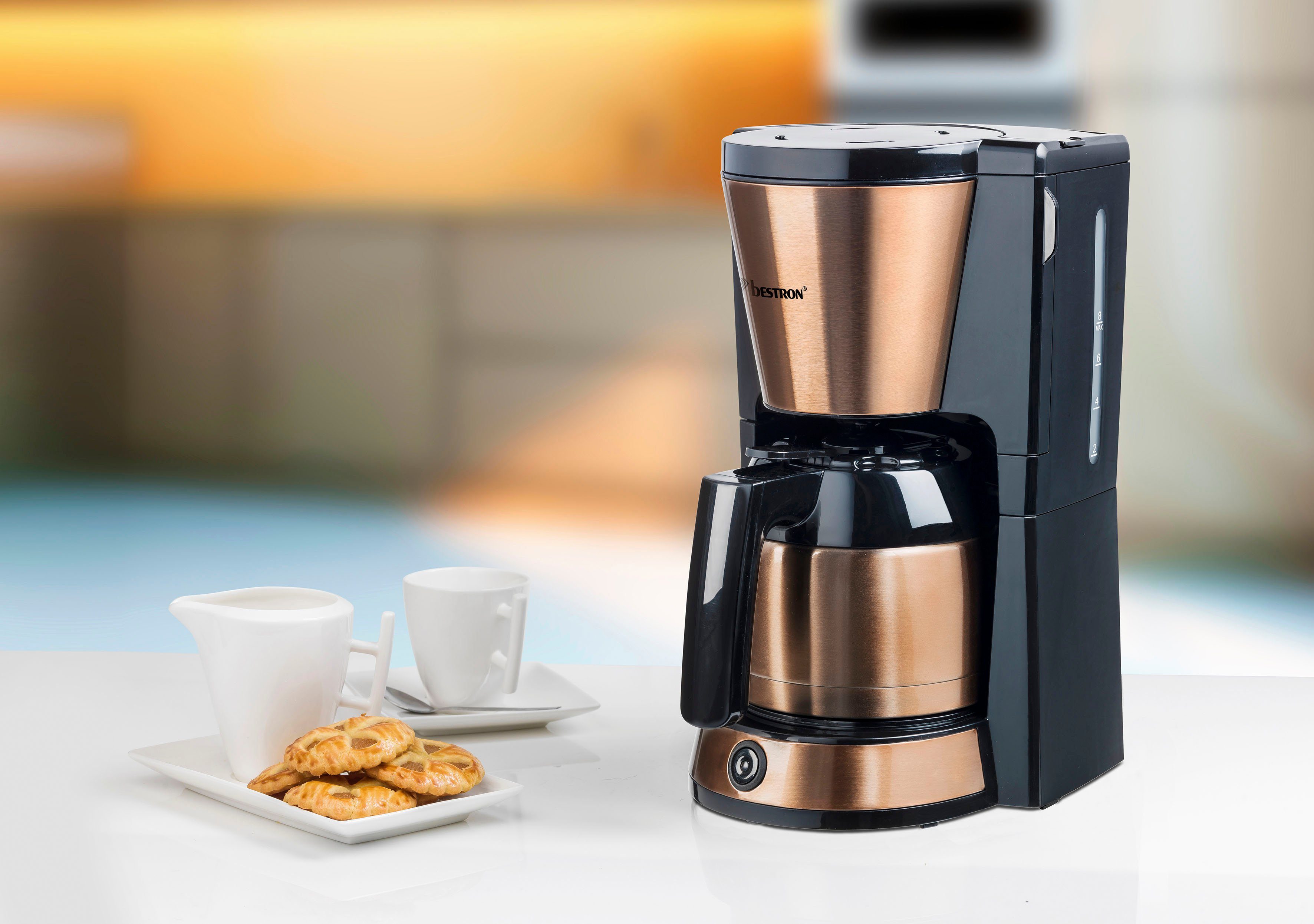 bestron Filterkaffeemaschine ACM1000CO, 1l Kaffeekanne, Papierfilter 1x4, mit Thermokanne, 8 Tassen, 900 W, Edelstahl in Kupfer -Optik