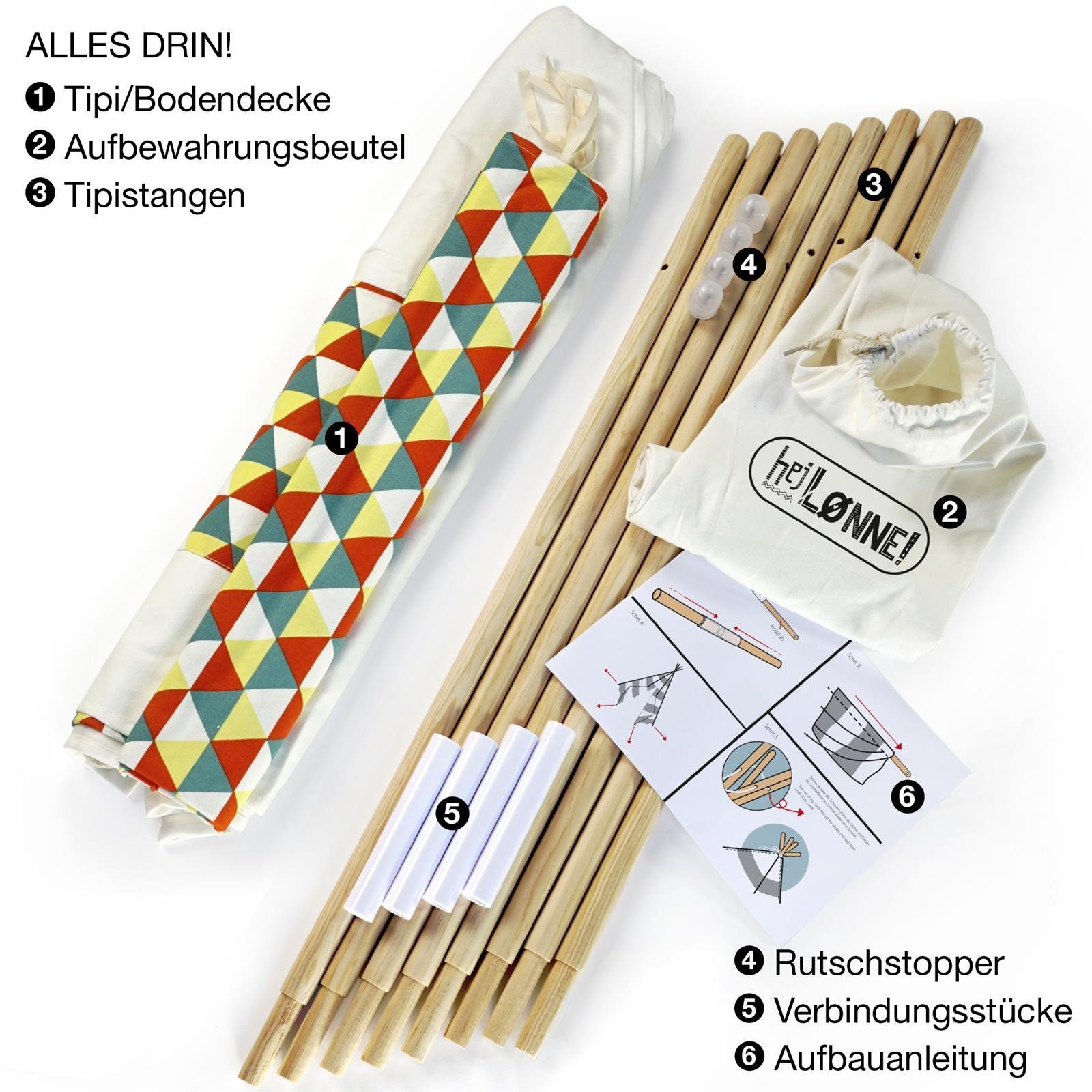 Hej Lønne Tipi-Zelt Tipi Zelt für Kinder farbige Bemusterung Kinderzel, (6er Set)