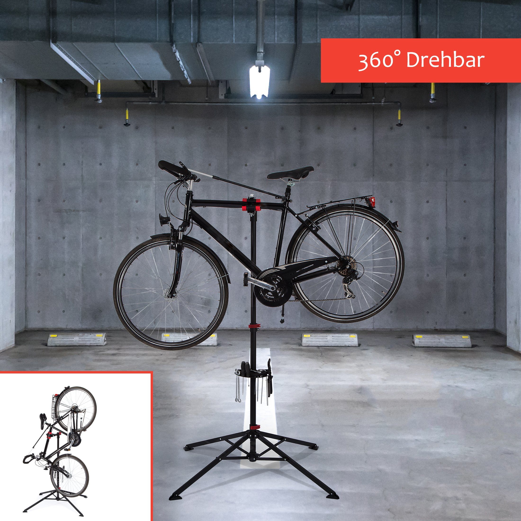 Zoomyo Fahrrad-Montageständer Fahrradmontageständer (Semi-Profi, MTB E-Bike Ständer, für Fahrräder bis 30 kg, Fahrrad Reparatur Ständer), mit Werkzeugschale und Teleskoparm, schnell aufzubauen