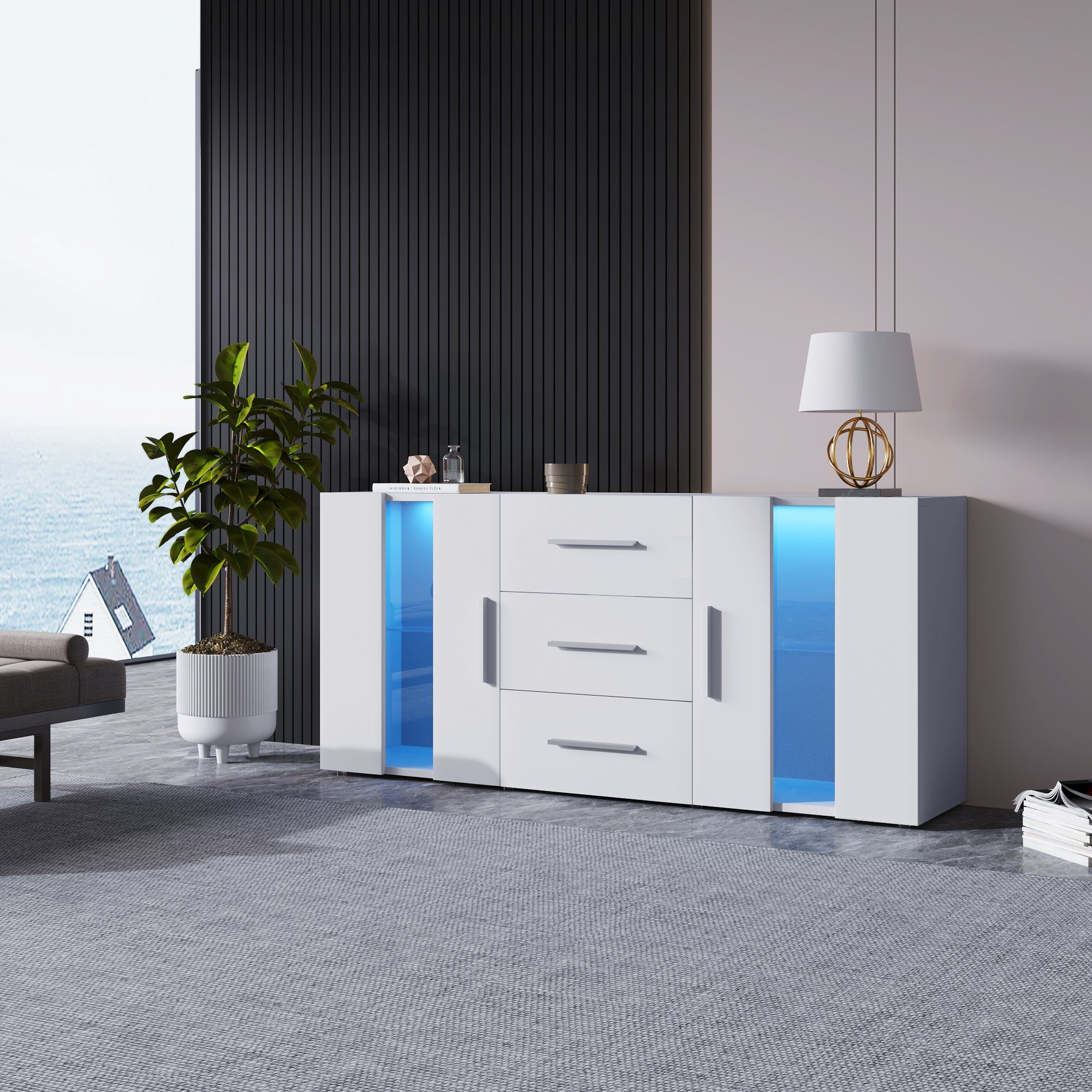 Merax Sideboard mit LED-Beleuchtung inkl. Fernbedienung, Kommode mit 2 Türen und 3 Schubladen, TV-Board, Anrichte, B:140cm