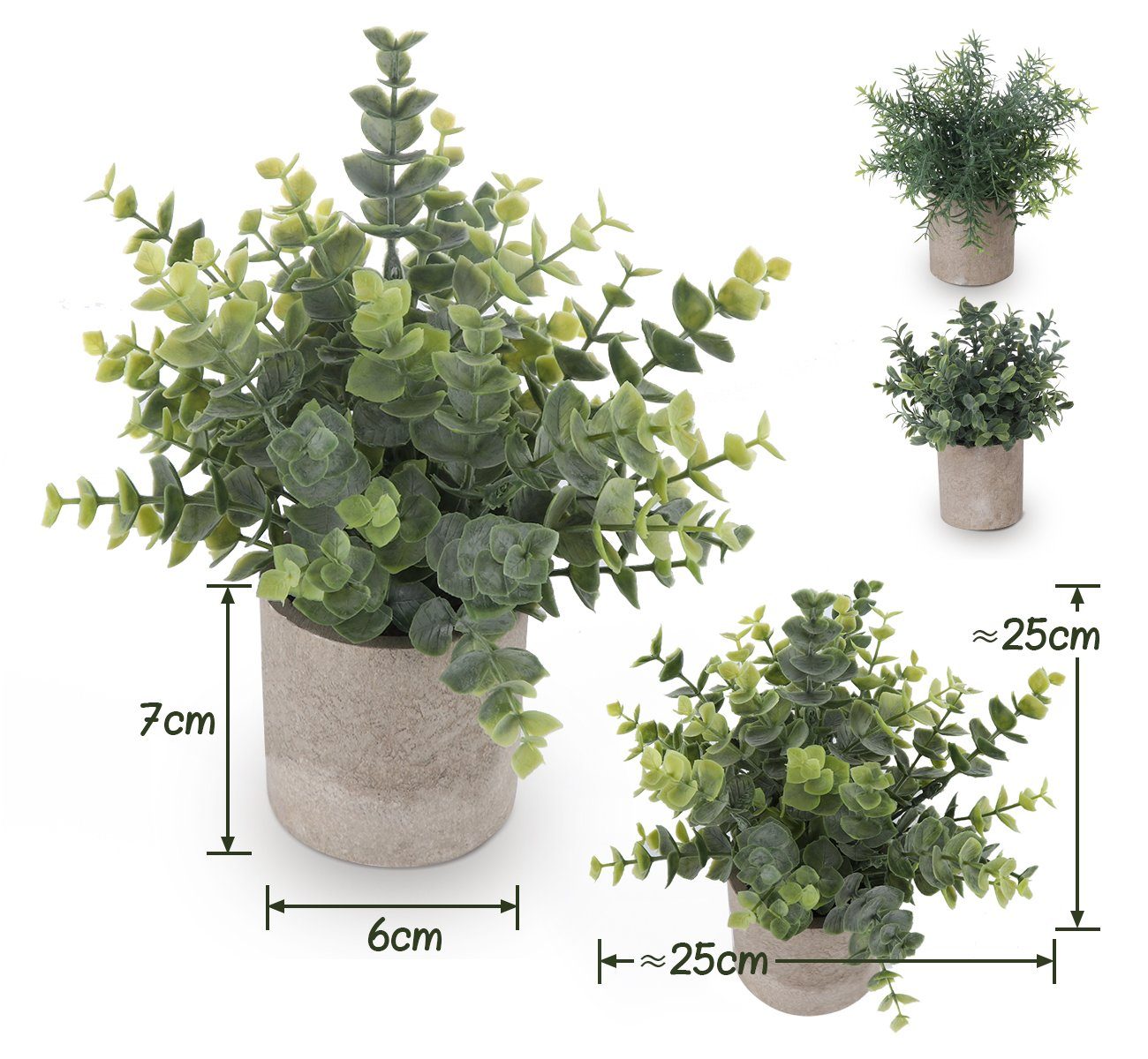 Künstliche Zimmerpflanze 3 Stück Mini Kunstpflanzen mit Töpfen Eukalyptus Rosmarin Babysbreath, Homewit, Tischdeko Haus Balkon Büro Deko