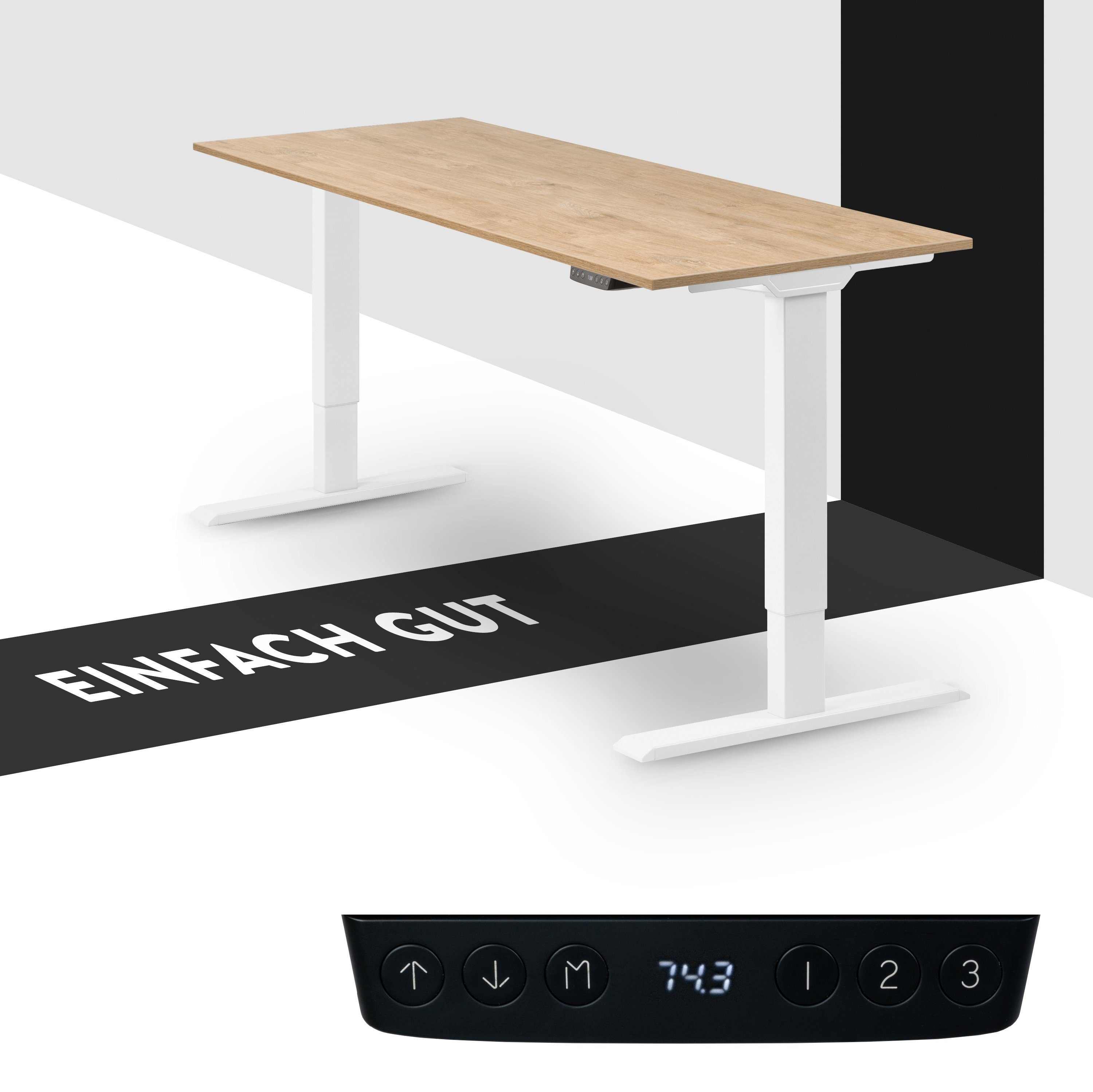 boho office® Schreibtisch Homedesk Eco (Tischgestell Weiß, Tischplatte Wildeiche 110 x 60 cm), Stehschreibtisch elektrisch höhenverstellbar, 3 Speicherplätzen