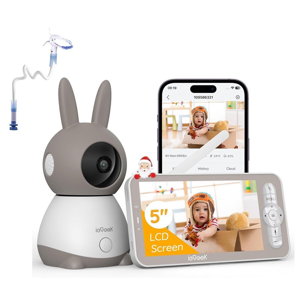ieGeek Babyphone 5 Zoll Babyphone mit Kamera mit Halterung 2K 3MP, Video Babyfon PTZ 355°, IR-Nachtsicht, Automatische Verfolgun, Weinen/Bewegungs/Geräuscherkennung, unterstützt Mobile App Steuerun, 4-fache Zoomfunktion,Vorschau auf geteiltem Bildsch