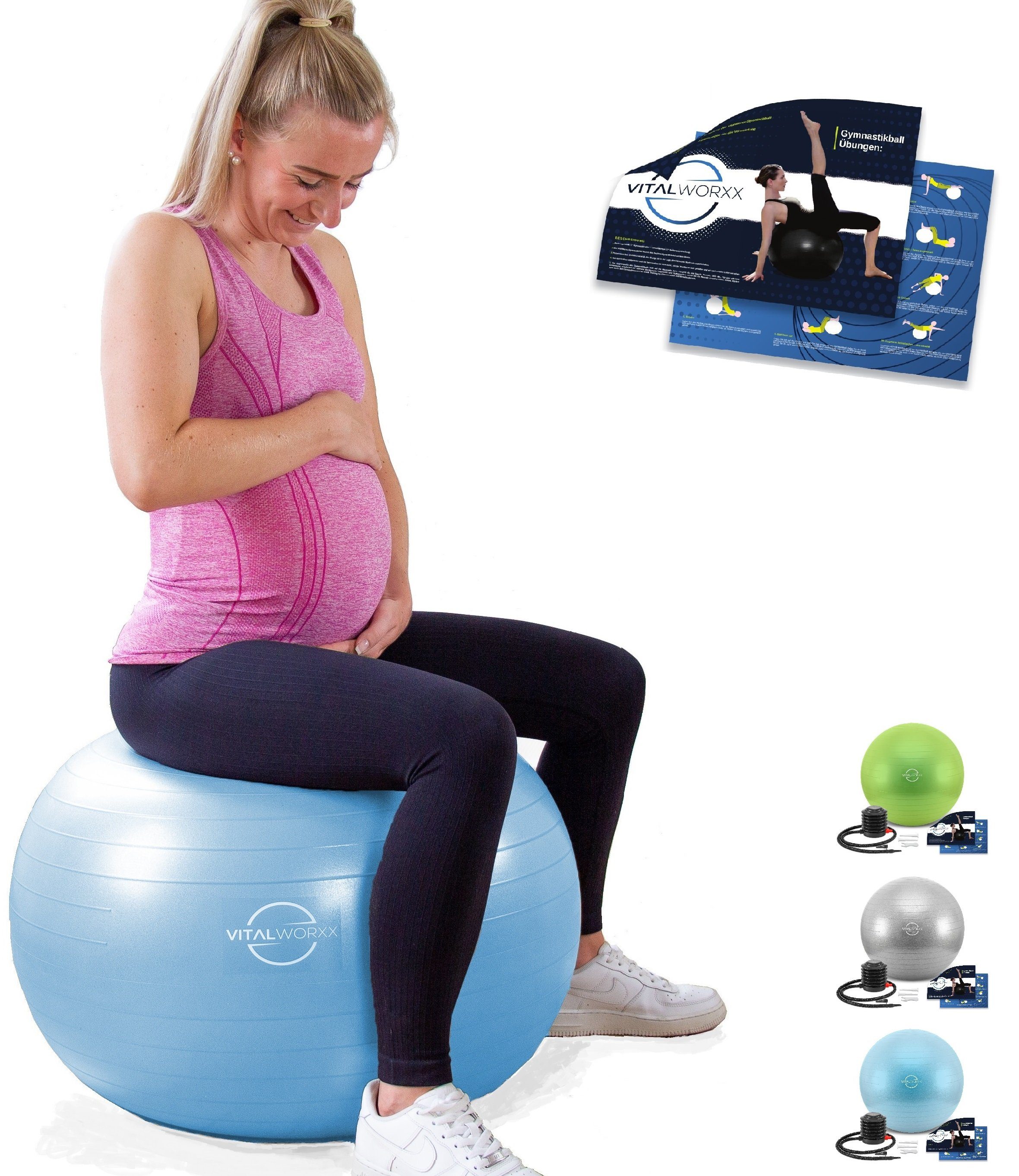 VITALWORXX Gymnastikball VITALWORXX Gymnastikball für Schwangere, extrem stabil, mit Pumpe, Hohe Materialstärke, Anti-Burst-System
