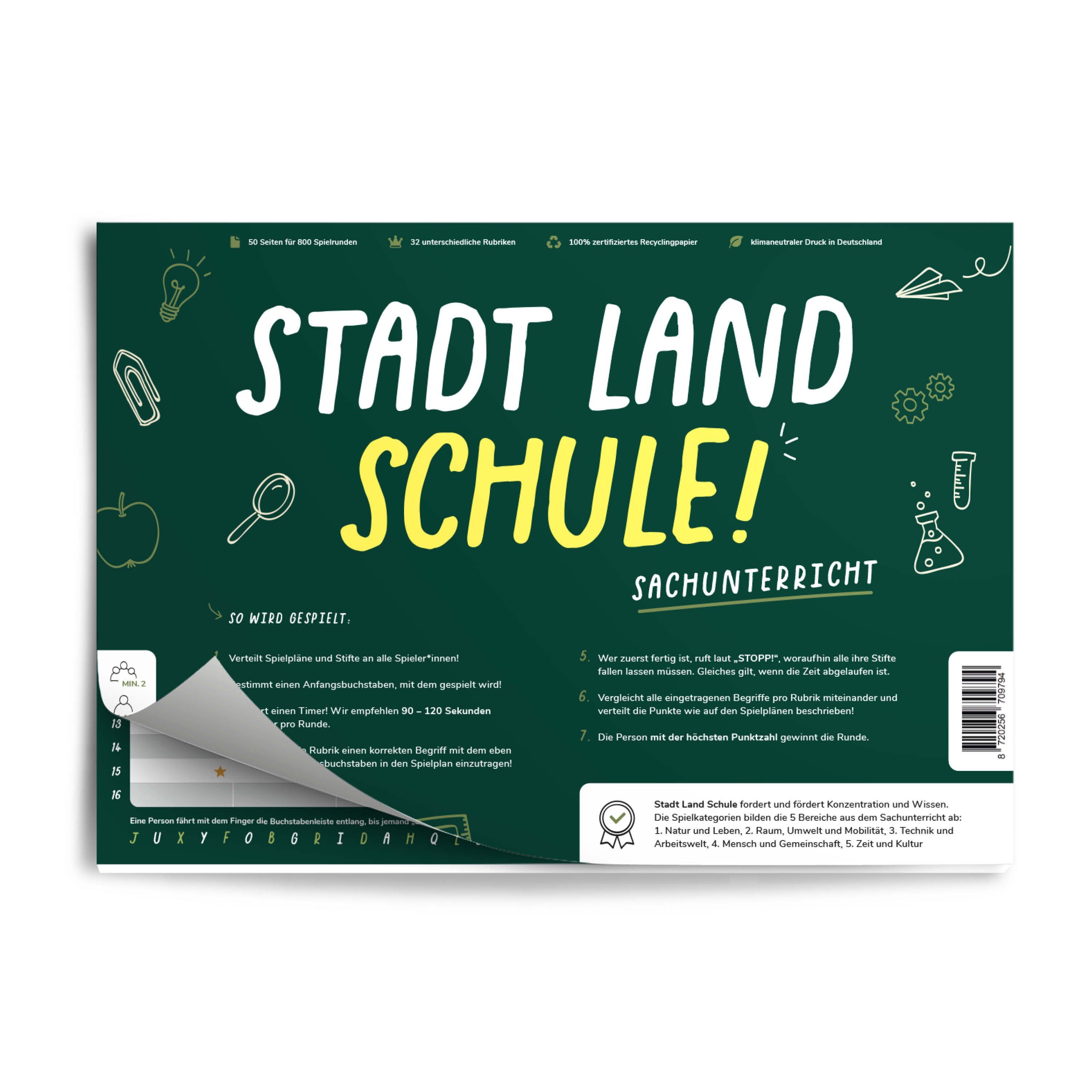 Pihu Spiel, Lernspiel STADT LAND SCHULE (SACHUNTERRICHT), Lernspiel für den Sachunterricht, Klimaneutral gedruckt