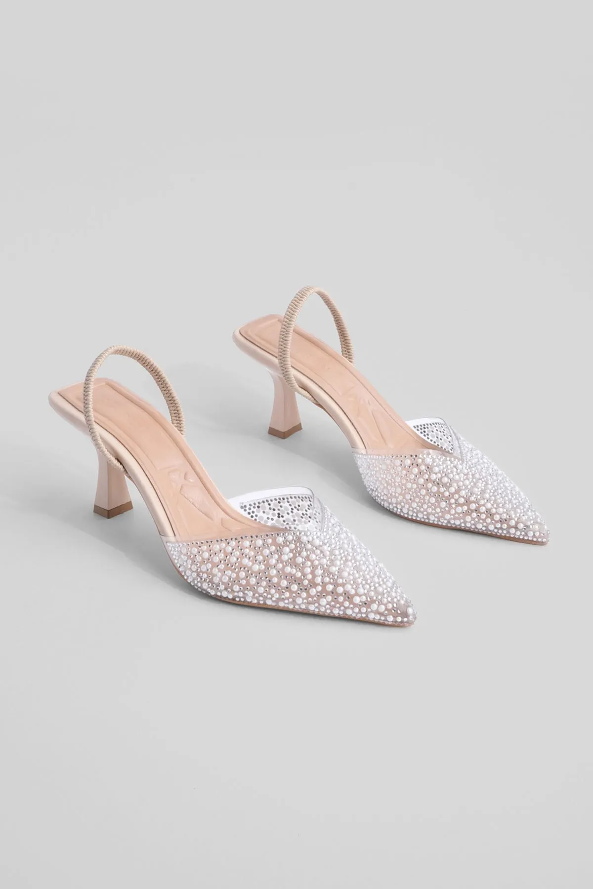 Marjin  Damen-Abendkleid mit Stiletto-Schmuck und spitzer Zehenpartie und offenem Rücken und Absatzschuhen Lala Beige
