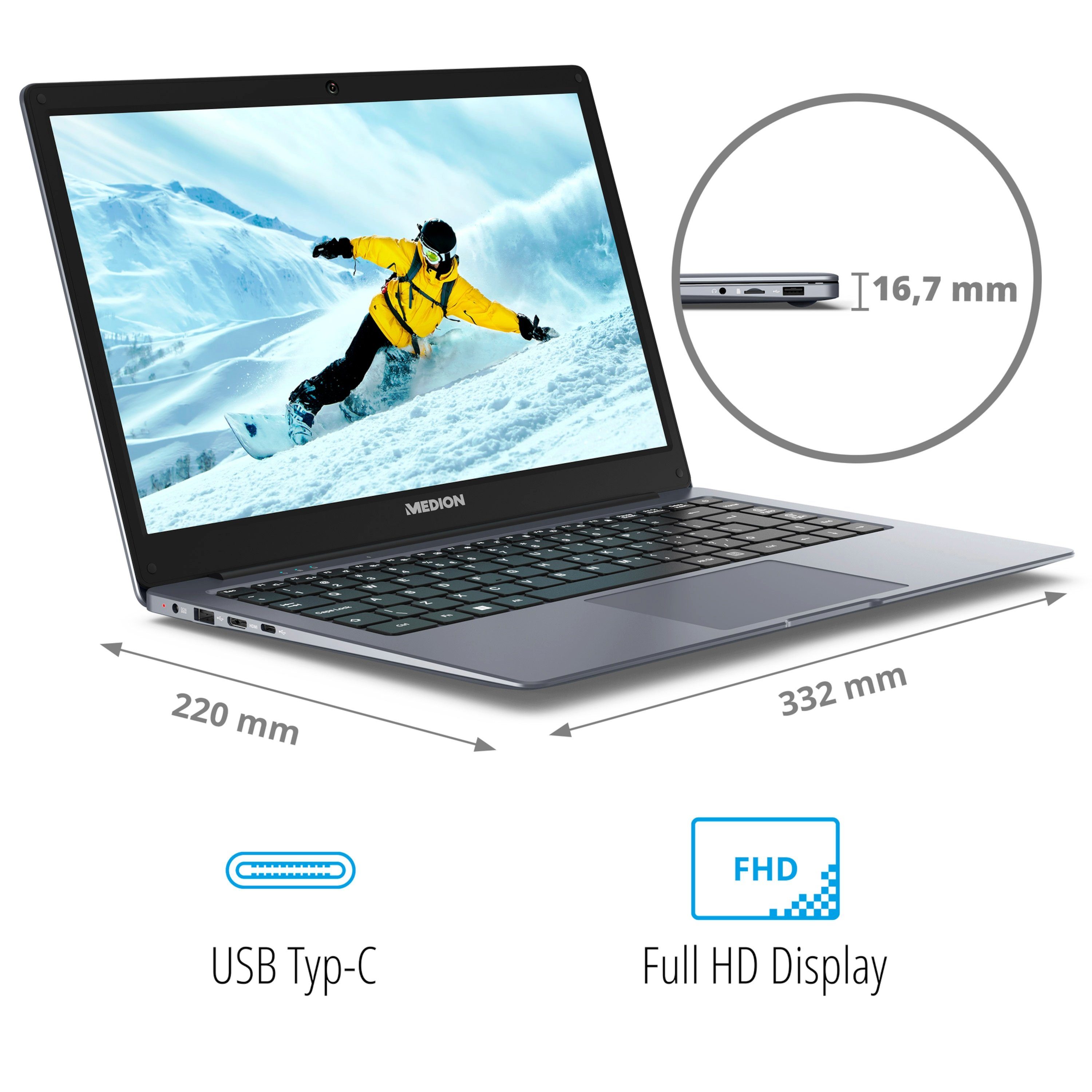 Medion® E14223 Notebook (35.5 cm/14 Zoll, Intel Celeron N4120, Intel® UHD, 128 GB SSD, Full-HD Display, 4GB, Windows 11, MD62560)