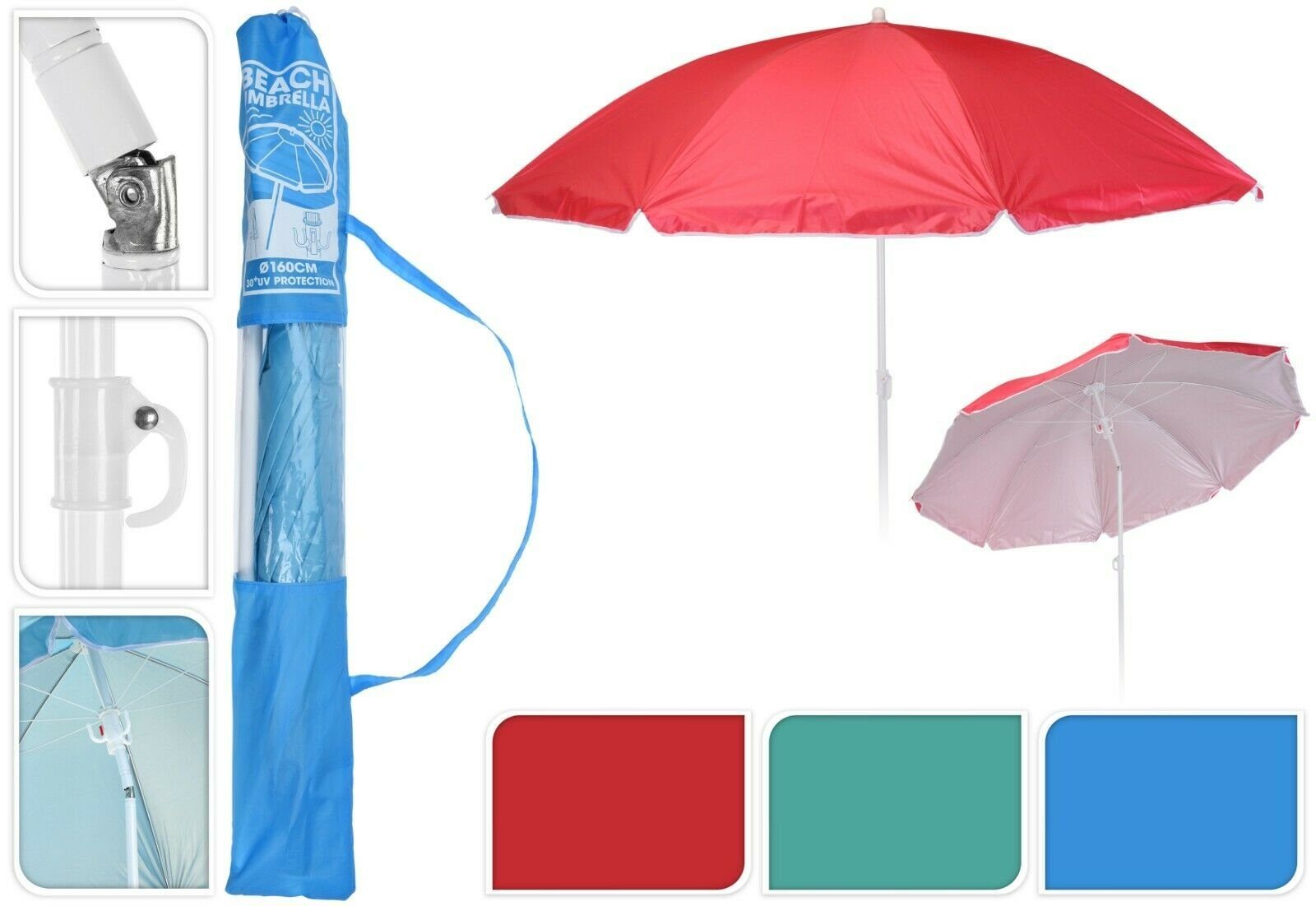 Meinposten Sonnenschirm Ø 138 cm Strandschirm Schirm mit 3 Haken Strand Urlaub UV-Schutz, Knickgelenk, höhenverstellbar