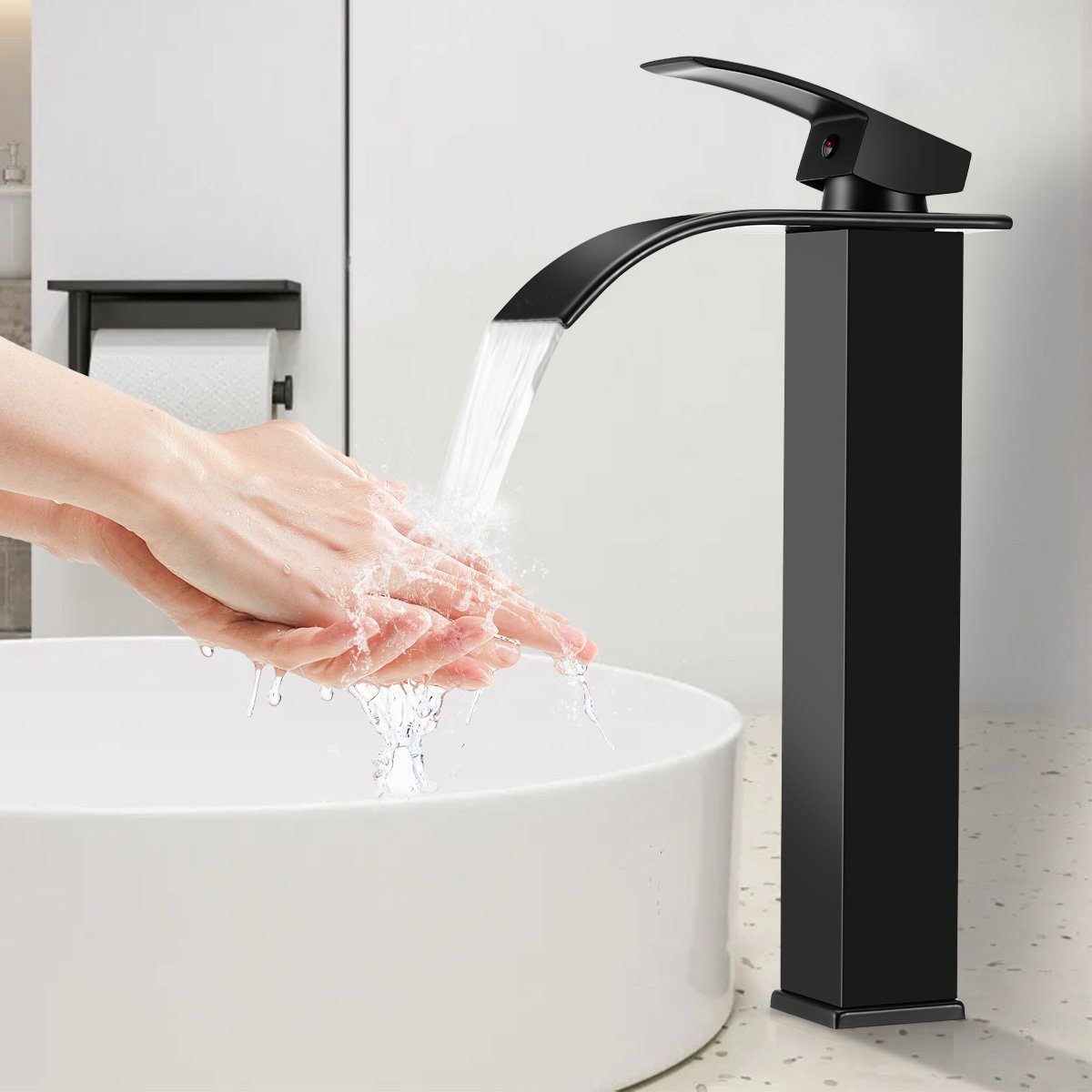 LETGOSPT Waschtischarmatur Waschtischarmatur, Wasserhahn Bad mit Auslauf Höhe 20cm, mit Zugstange Badarmatur wassersparend, Matt-Schwarz Edelstahl 304