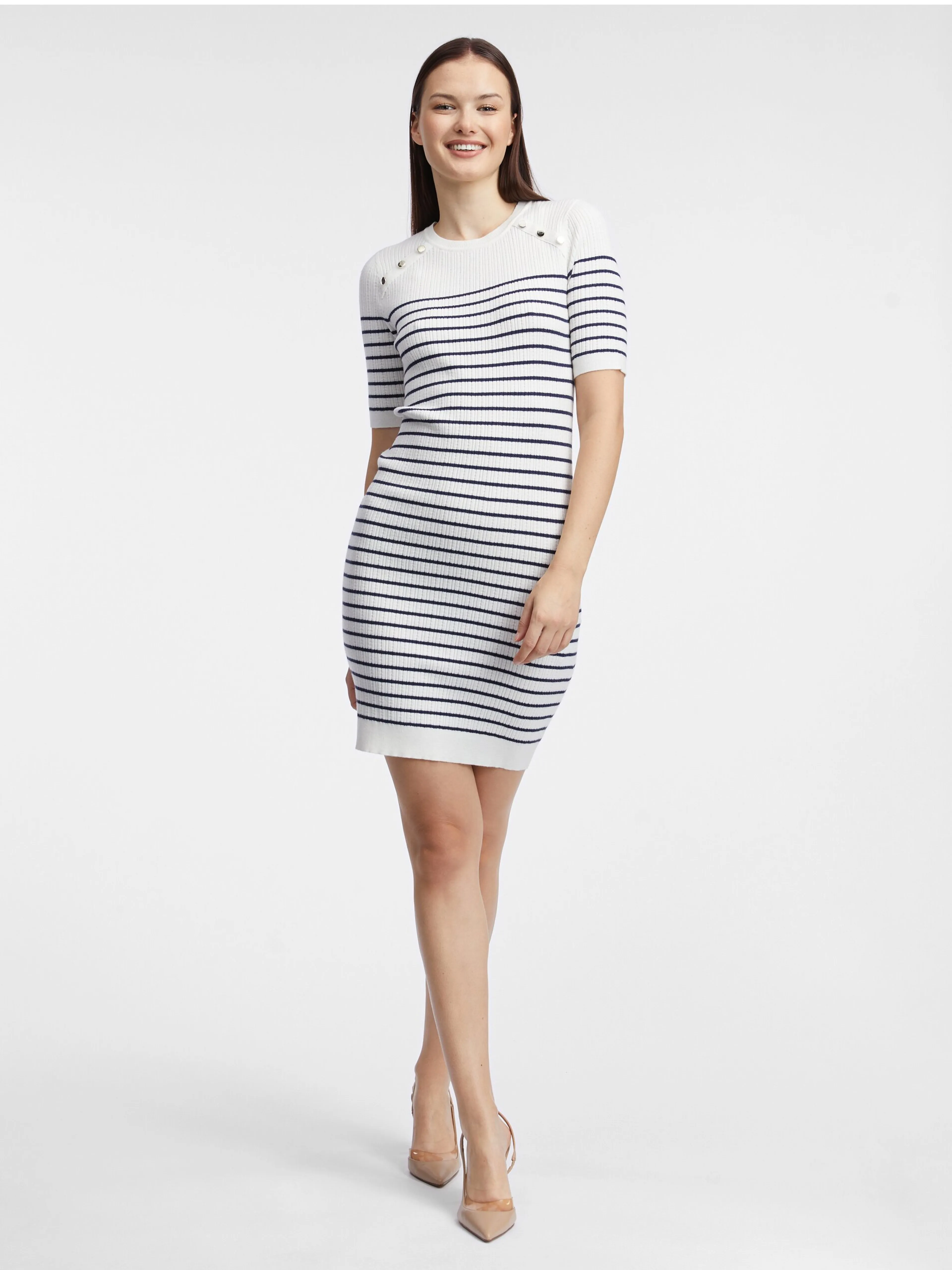 Weißes gestreiftes Damen-Pullover-Kleid ORSAY
