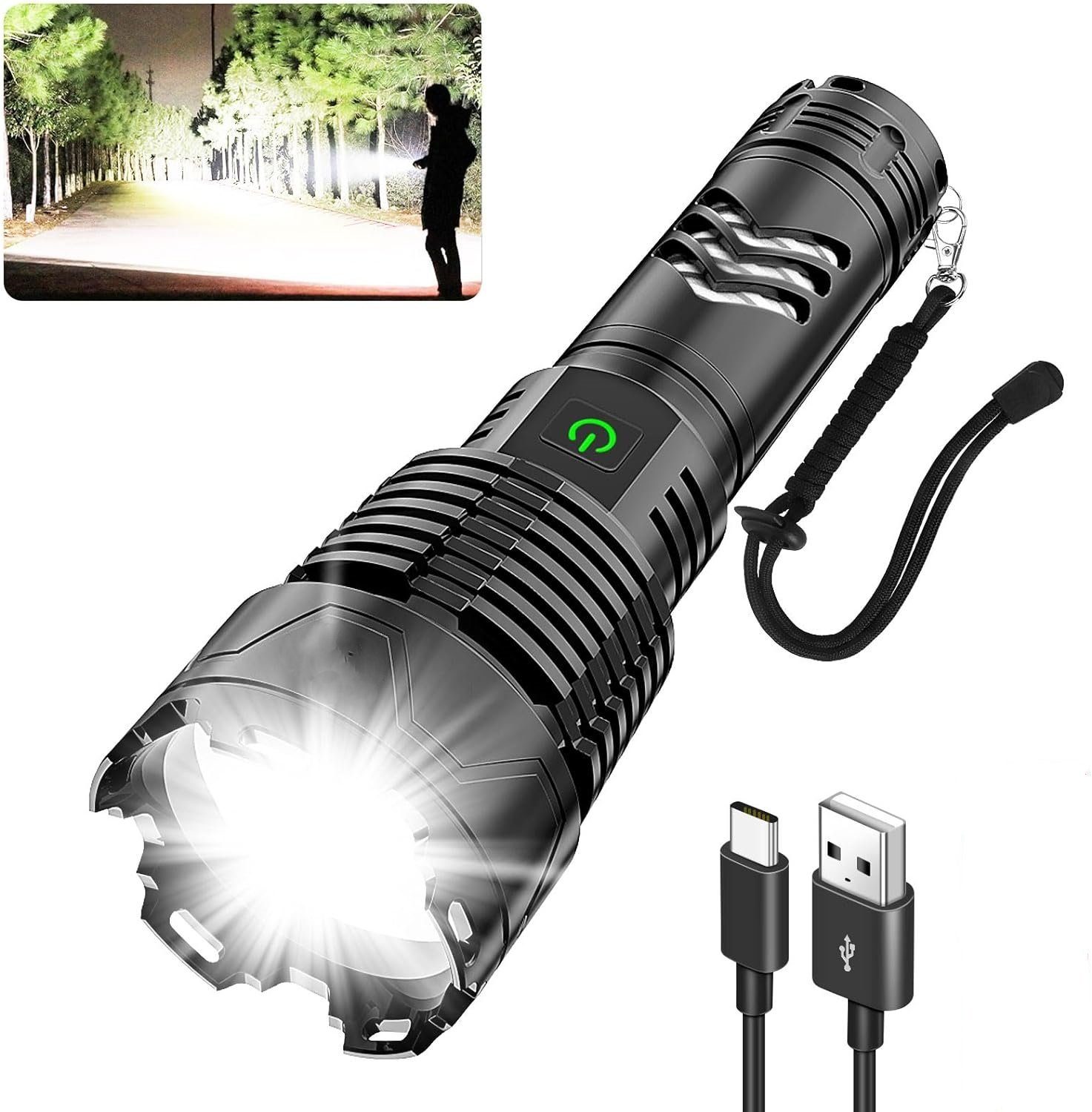 Shadowhawk LED Taschenlampe S2800 – Extrem Hell, 30000 Lumen, Aufladbar, Zoombar, Fokusverstellung (IP67 Wasserdichtigkeit, Inklusive wiederaufladbares leistungsstarker 3,7V 6000mAh Batterie, und USB C Kabel, Taktische Taschenlampe Batteriebetrieben)
