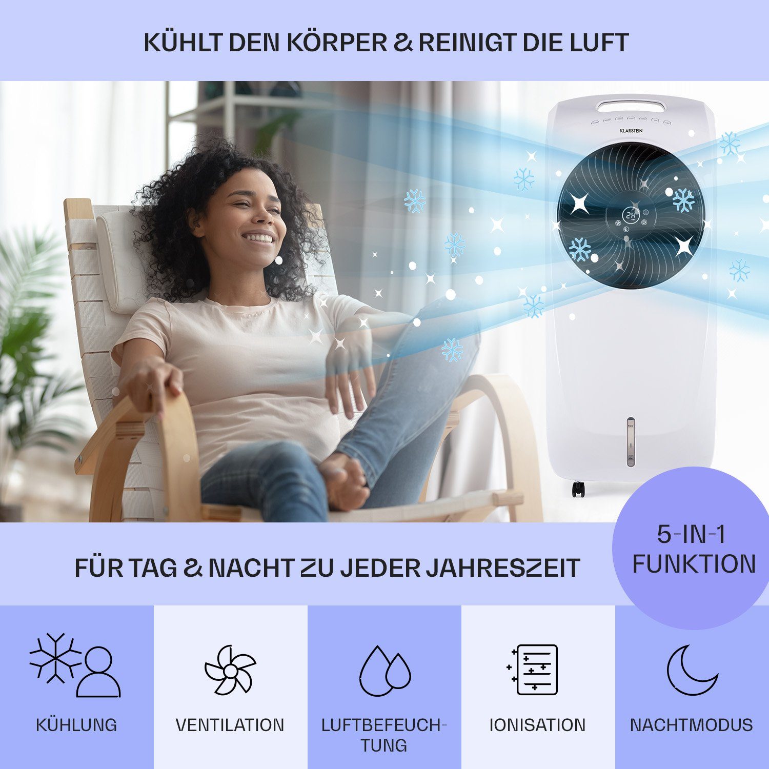 Klarstein Ventilatorkombigerät Rotator 4-in-1 Luftkühler, mit Wasserkühlung & Eis mobil Luftkühler ohne Abluftschlauch