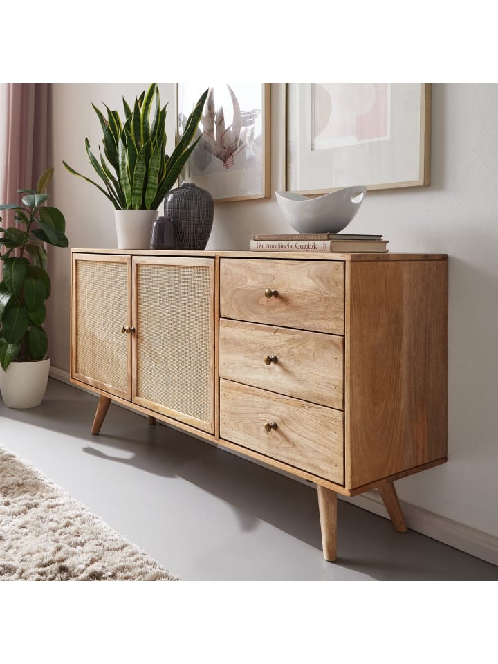 KADIMA DESIGN Design Sideboard 140x75x40 cm Mango Massivholz / Rattan, Kommode 3 günstig kaufen onesize