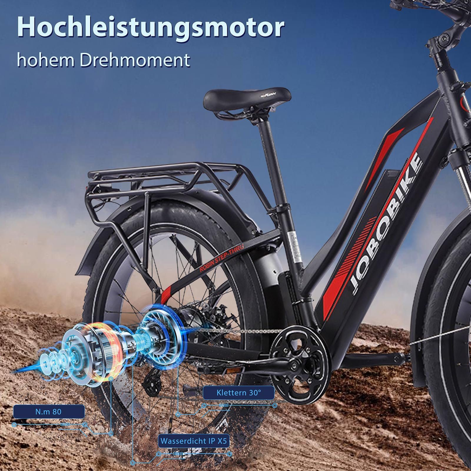 JOBOBIKE E-Bike All-Terrain-Rad mit dicken Reifen Robin, 26 Zoll E-Mountainbike, 7 Gang Shimano Acera Schaltwerk, Kettenschaltung, Heckmotor, 672,00 Wh Akku, (mit großer Kapazität), 48V / 14Ah, Elektrofahrrad mit 4,0'' Fat Tire, bis zu 100 km