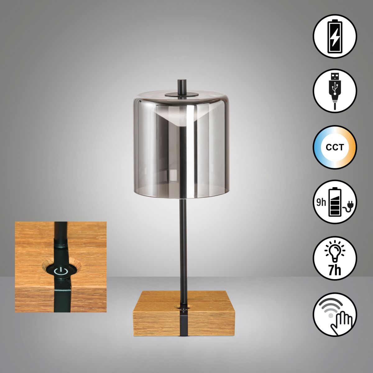 Fischer & Honsel Akku Tischlampe Shine-Wood Eiche Schwarz
