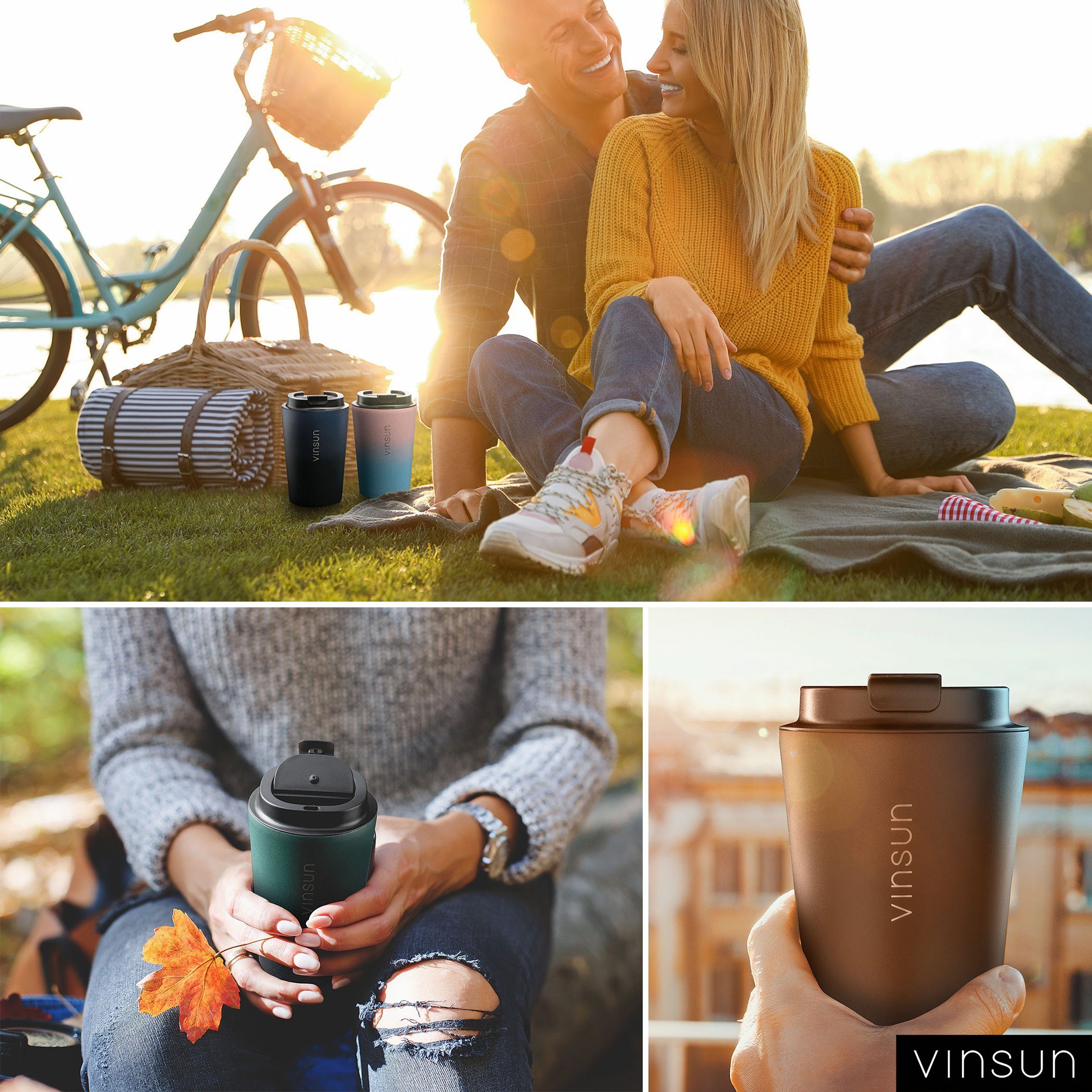 Vinsun Thermobecher Isolierbecher 350ml Schwarz - Kaffeebecher to go, Edelstahl, auslaufsicher, bruchfest, für heiße und kalte Getränke