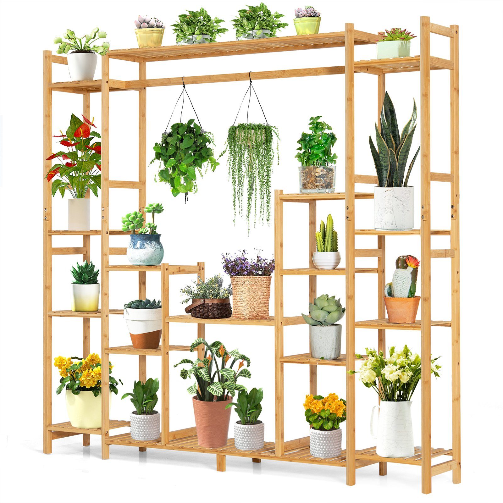 COSTWAY Pflanzentreppe, mit 9 Ebenen & Hängegestell, aus Bambus 167x30x166cm