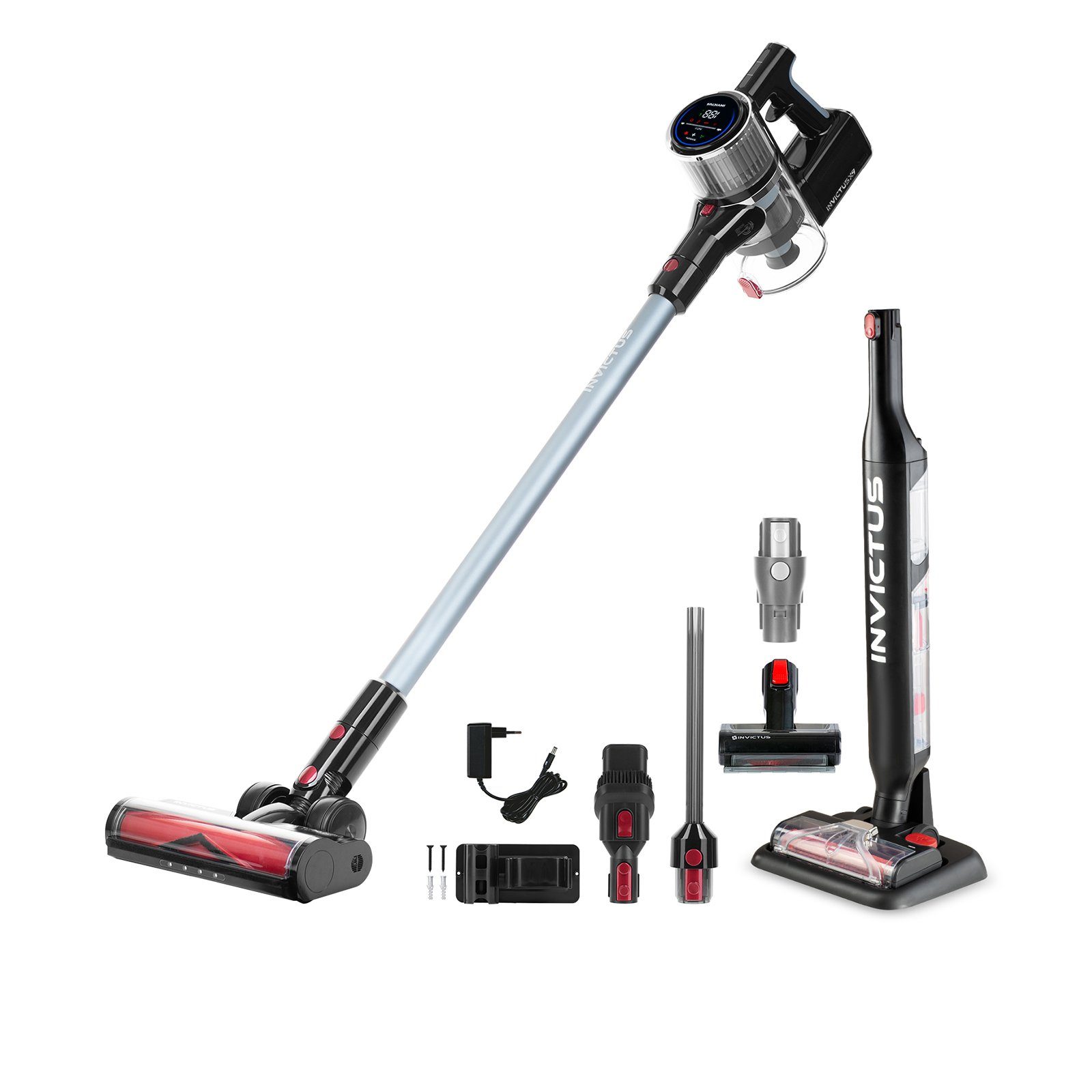 Genius Akku-Stielstaubsauger Invictus X9 Facelift 19-tlg., Nass- und Trockensauger, 450,00 W, beutellos HEPA Filter, Akku Stielstaubsauger bis 55 Min Laufzeit Wandhalterung Kombi-Bürste