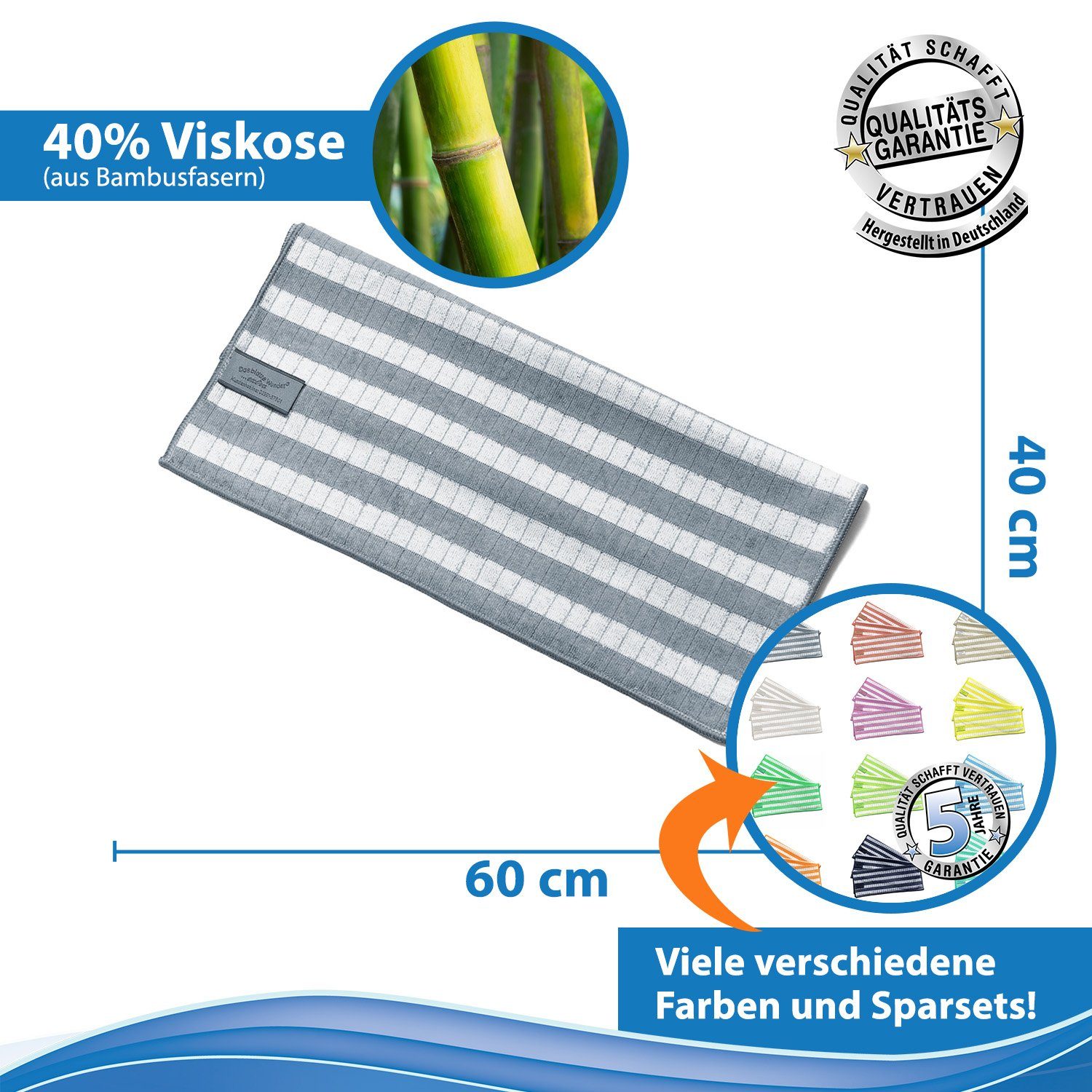 Das Blaue Wunder® Geschirrtuch EXTRA aus Bambusfasern für Küche und Haushalt, (5-tlg., Set: 60 x 40cm), Reinigen und Trocknen, Waschbar bis 95°C