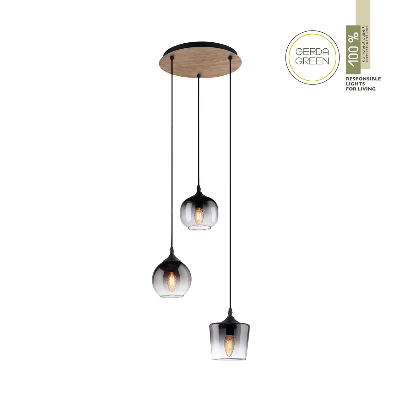 JUST LIGHT Pendelleuchte GREEN ZEA, 3x E14/25 Watt max., rauchfarbene Gläser, Holz-natur
