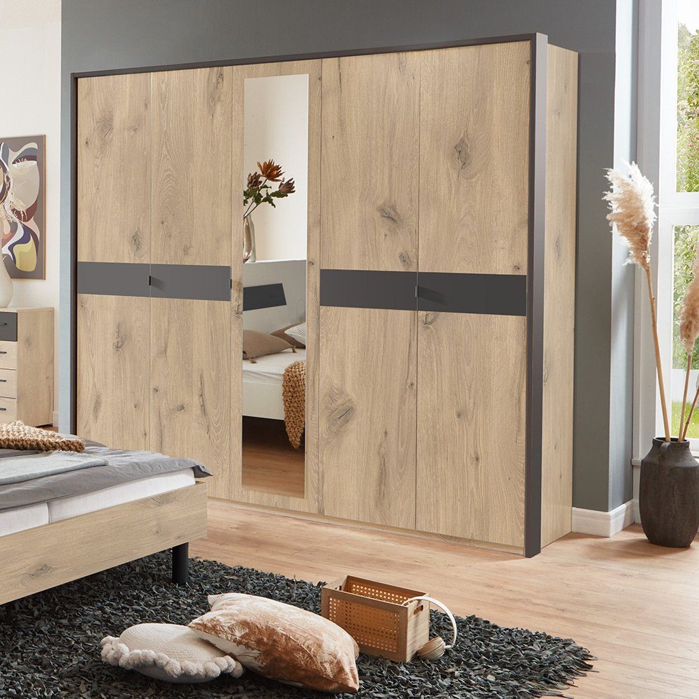 Lomadox Schlafzimmer-Set BRADFORD-43, (Spar-Set, 5-St), mit Bett 180x200 cm, Kleiderschrank 5-türig, Eiche mit graphit