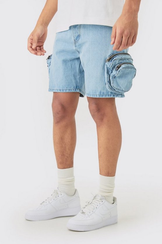 Hellblaue Slim-Fit Jeansshorts mit 3D Cargo-Taschen