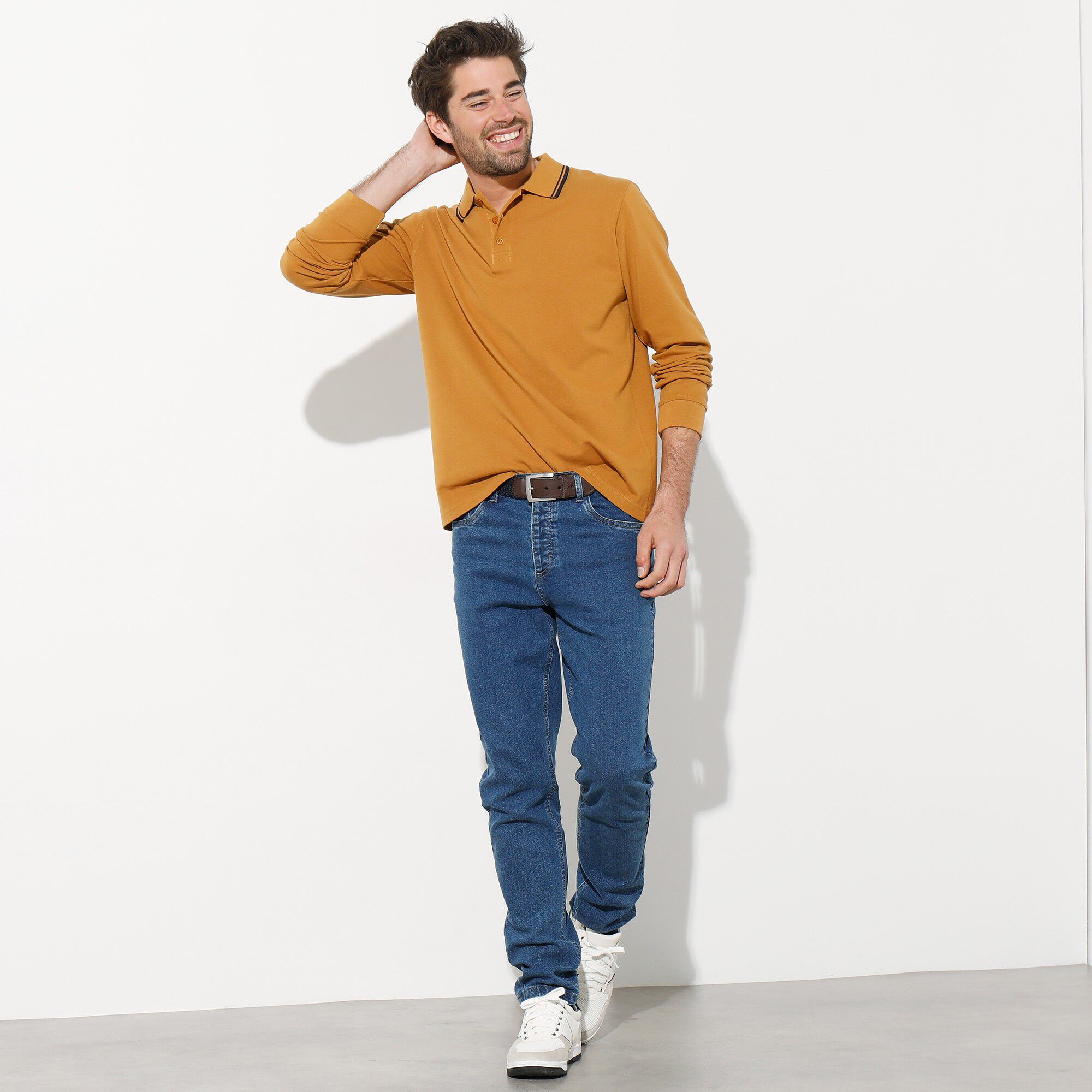 Polo uni maille piquée manches longues