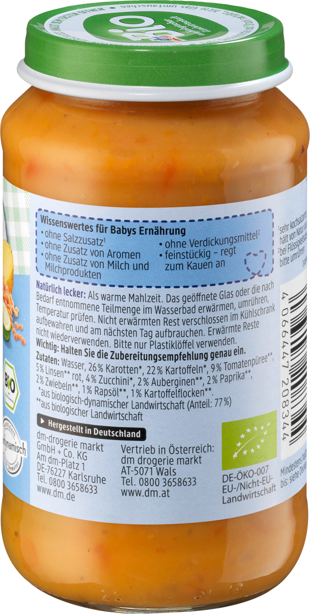 Menü Ratatouille mit Kartoffeln & Linsen ab dem 8. Monat, Demeter, 220 g