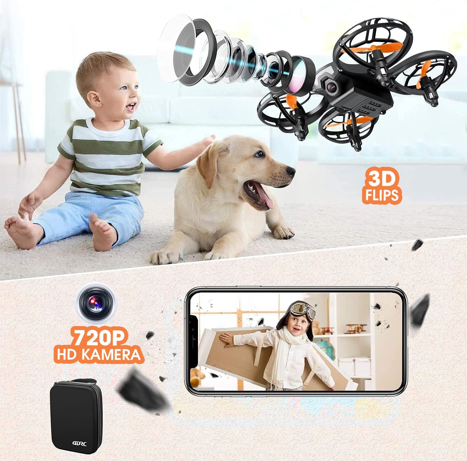 4DRC Mini-Drohne für Kinder, FPV 2,4 G WLAN, verbesserter Propellerschutz Spielzeug-Drohne (720p, 3D-Flip, Kampfmodus, Induktion der Schwerkraft, Höhenhaltung)