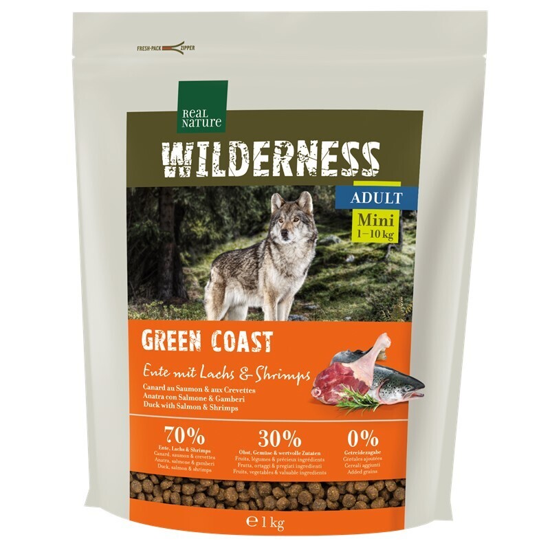 REAL NATURE Hundetrockenfutter REAL NATURE WILDERNESS Mini Adult Green Coast Ente mit Lachs & Shrimps 1 kg