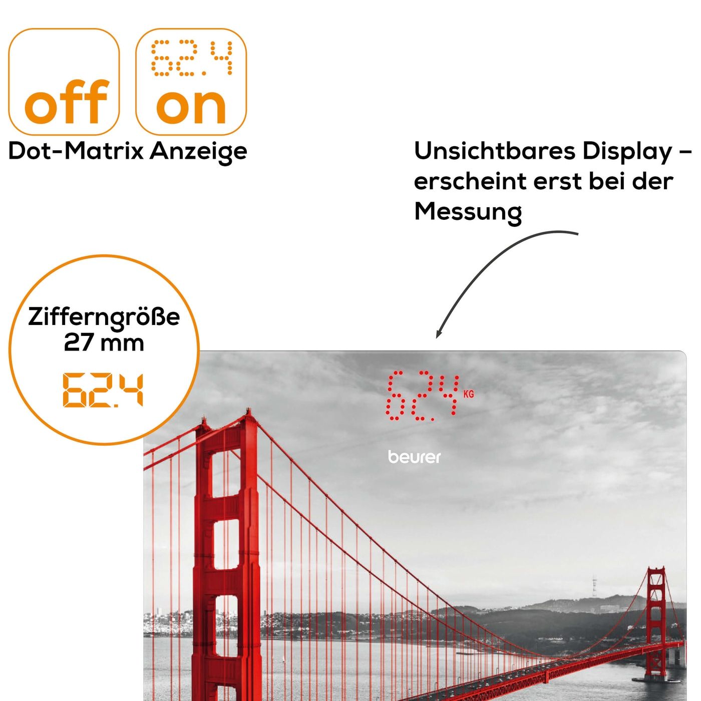 Beurer San Francisco Glaswaage GS 215-Personenwaage aus Glas mit unsichtbarem Magic-Display - bis 180 kg