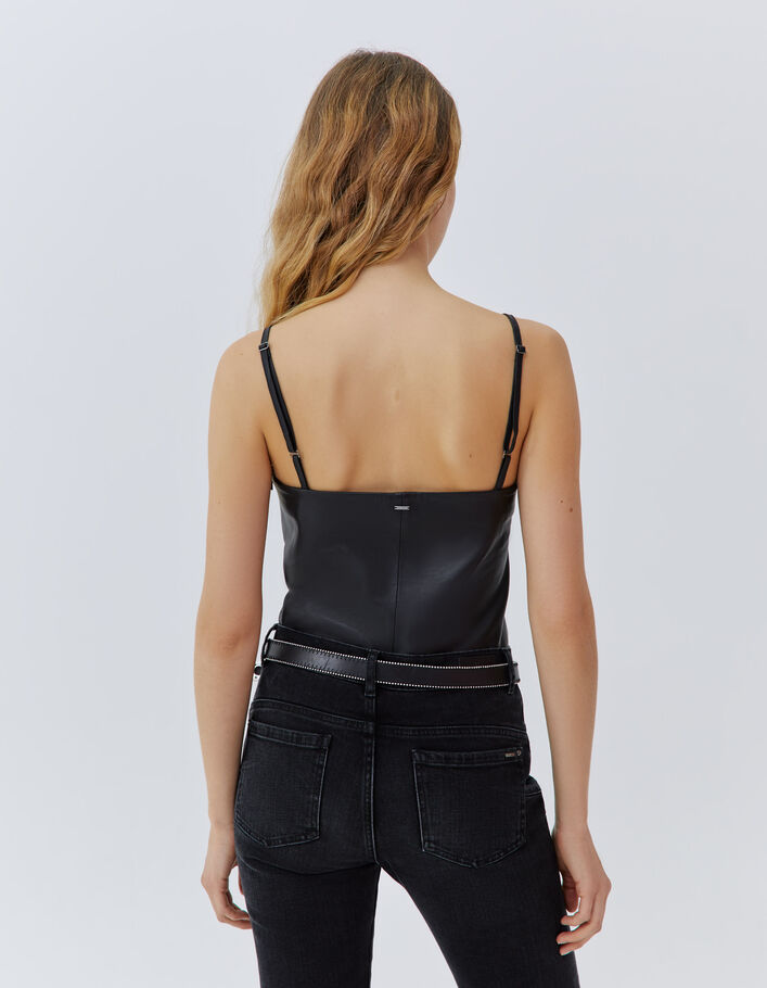 Top fines bretelles noir en cuir brodé Femme