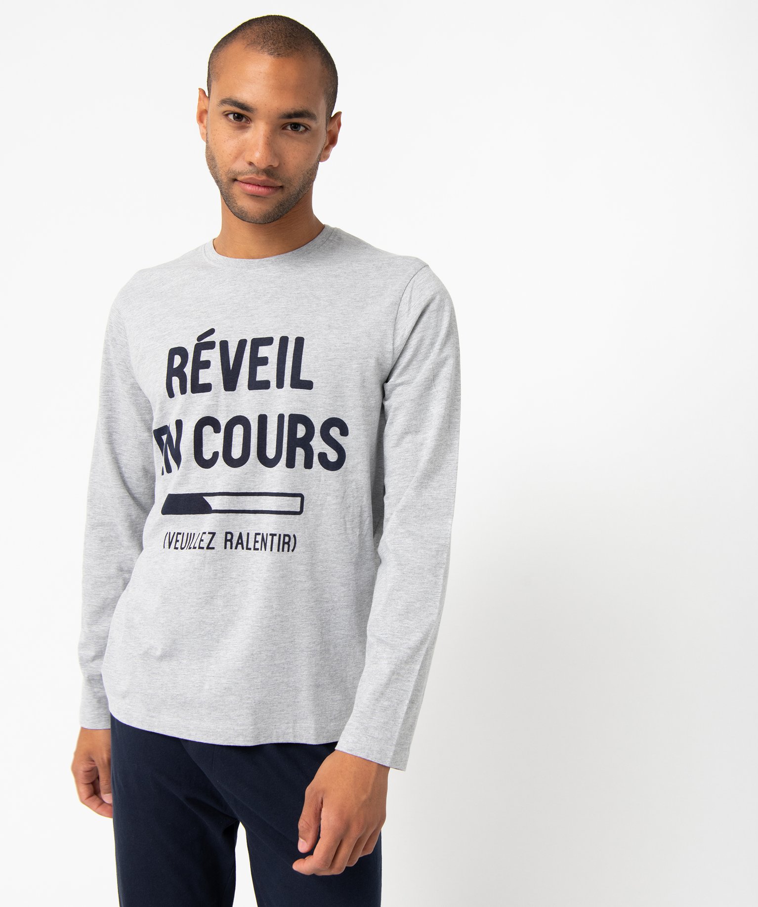 Pyjama homme à manches longues et pantalon large gris | GEMO