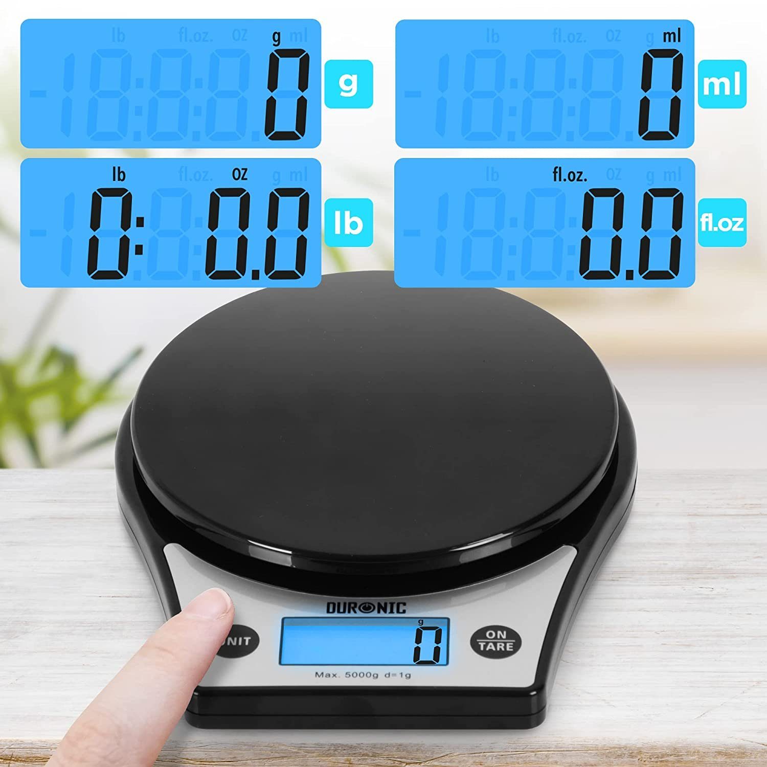 Duronic Küchenwaage, KS6000 BK/SS Küchenwaage, 5 kg Digitalwaage rund mit 2,5 L Schüssel