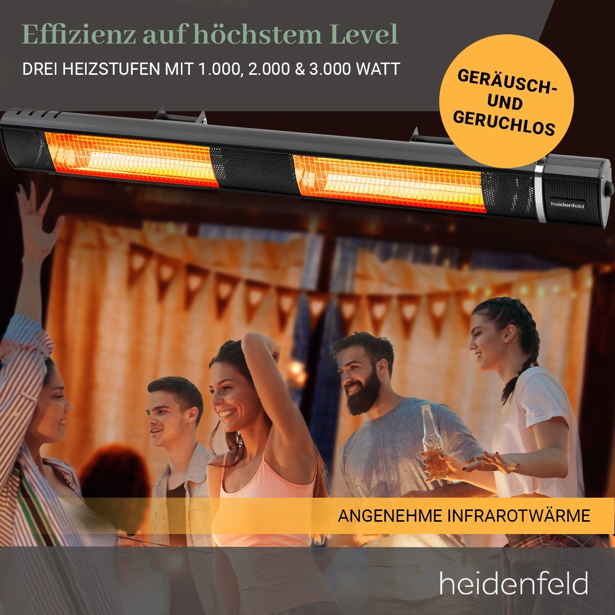 Heidenfeld Heizstrahler Elektroheizung IH110 für Terrasse, bis 3.000 Watt 3 Jahre Garantie, 3000 W, 3 Heizstufen - Fernbedienung - 180° neigbar - Infrarotheizstrahler