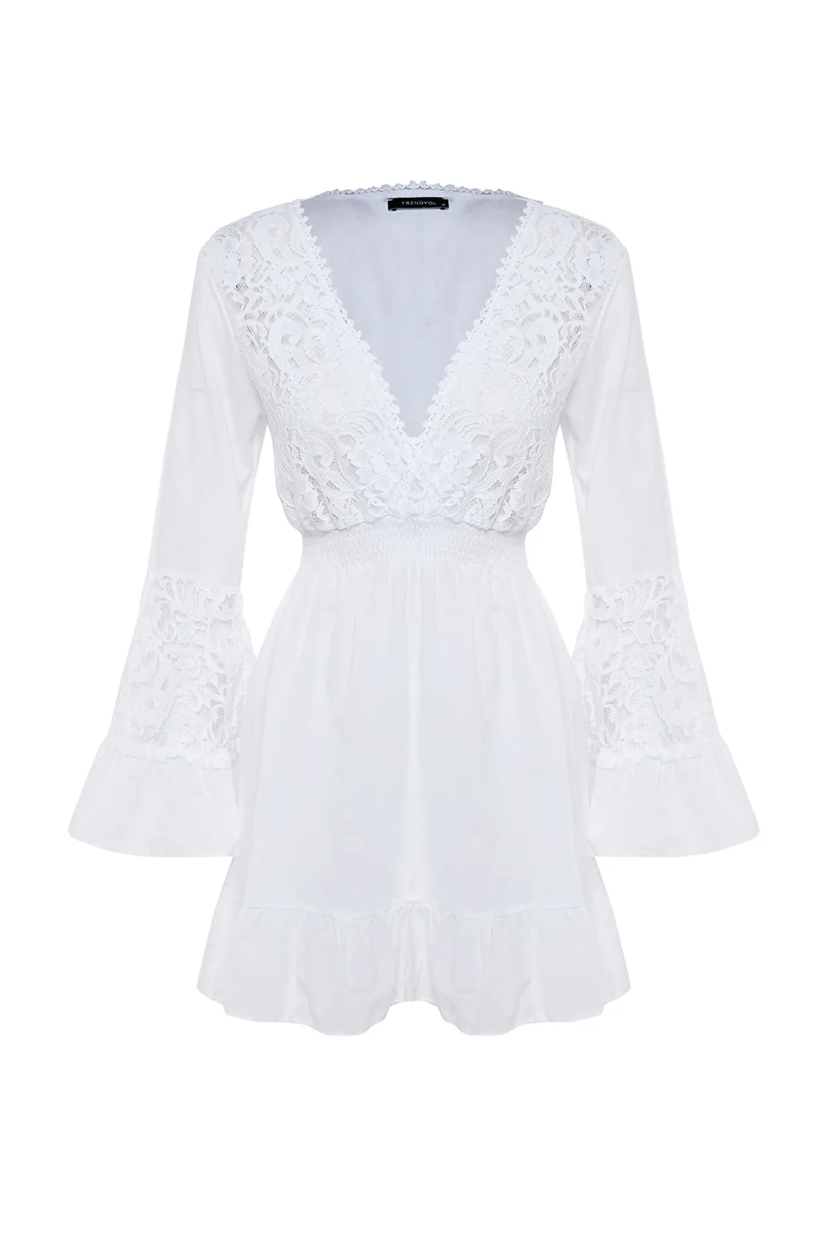 Trendyol Collection  Weißes Mini-Strandkleid aus gewebter Spitze aus 100 % Baumwolle TBESS23EL00048
